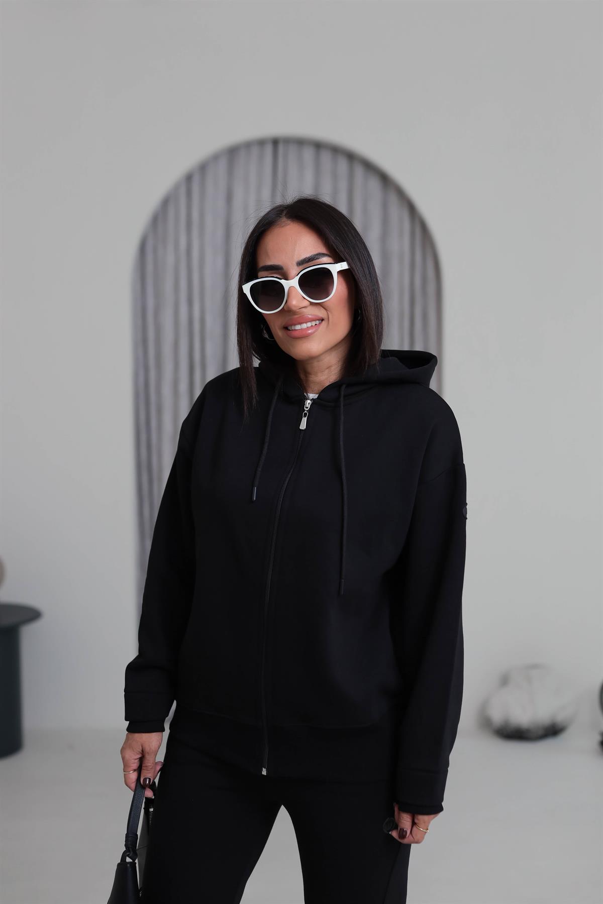 7316 Kapşonlu Fermuarlı Şardonlu Sweatshirt SİYAH