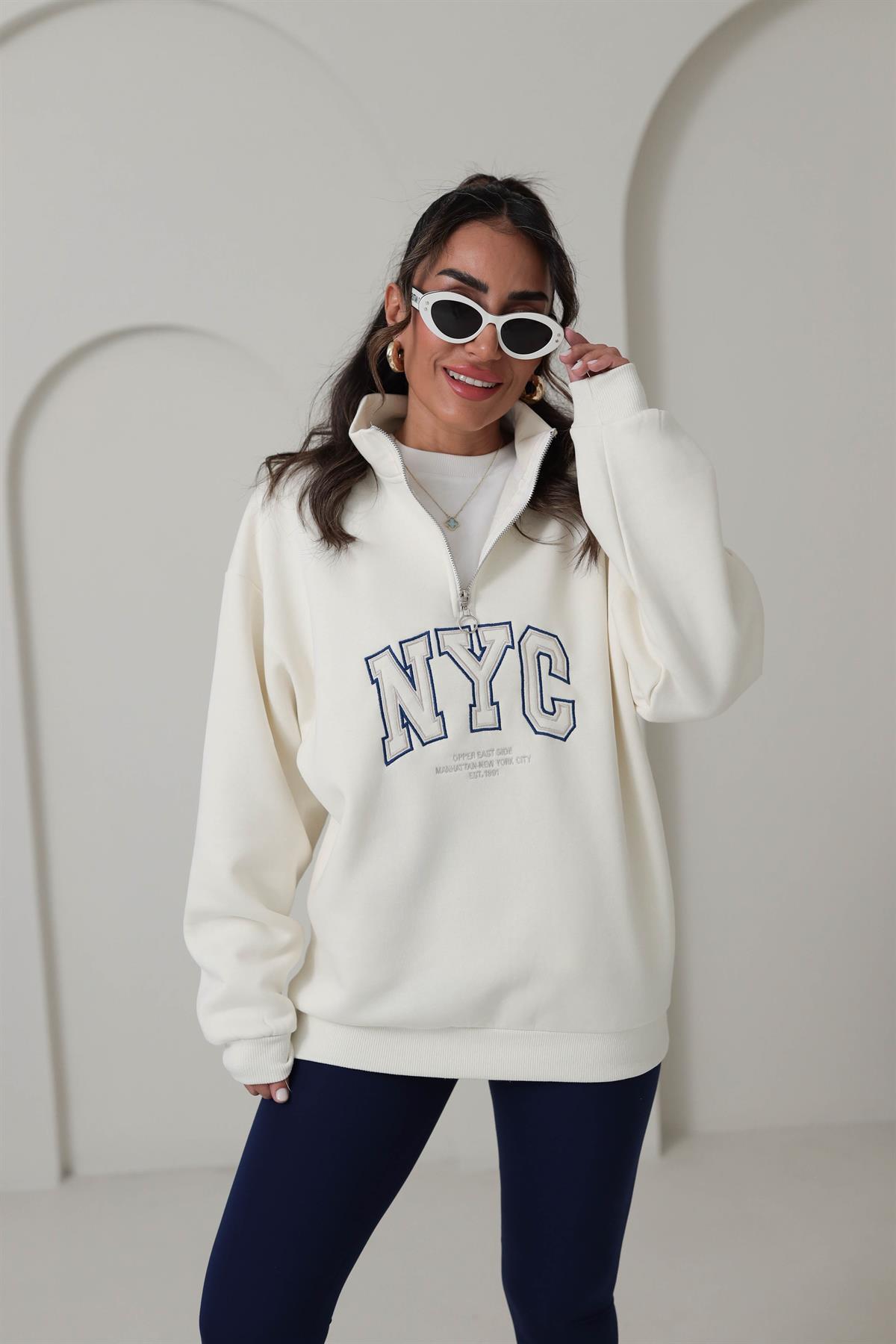5002 Yarı Fermuarlı Baskılı Sweatshirt