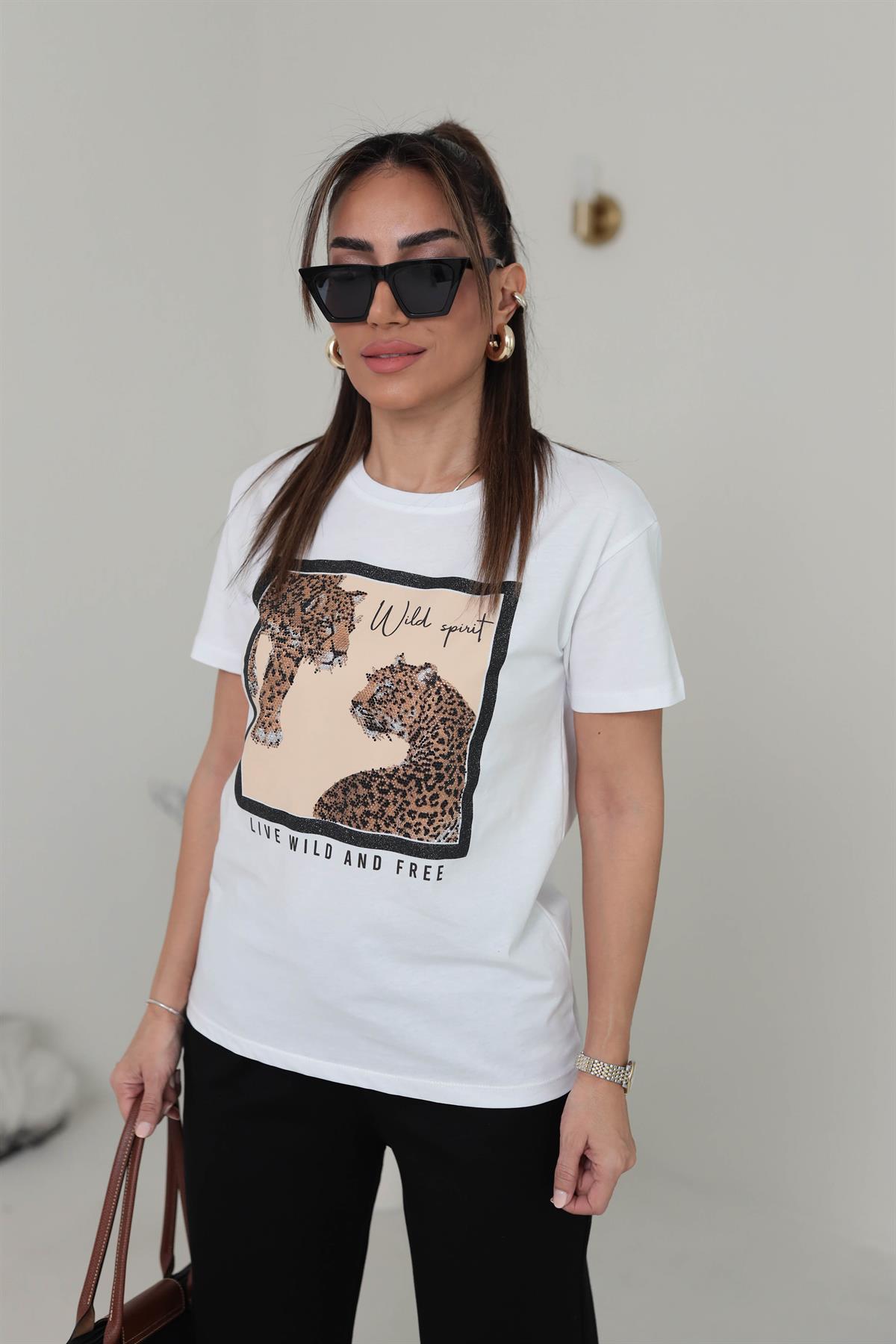 7068 Kaplan Baskılı Taşlı Pamuklu Tshirt BEYAZ