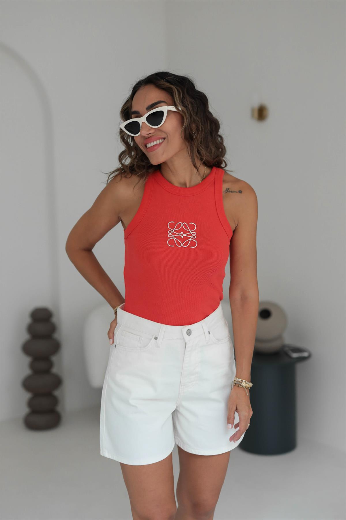 Taş İşlemeli Fitilli Halter Yaka Atlet