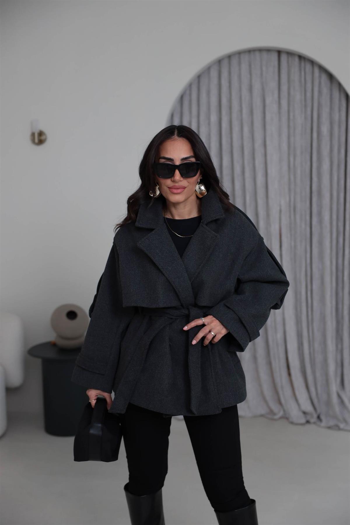 9669 Kuşaklı Oversize Premium Kaşe Ceket FÜME