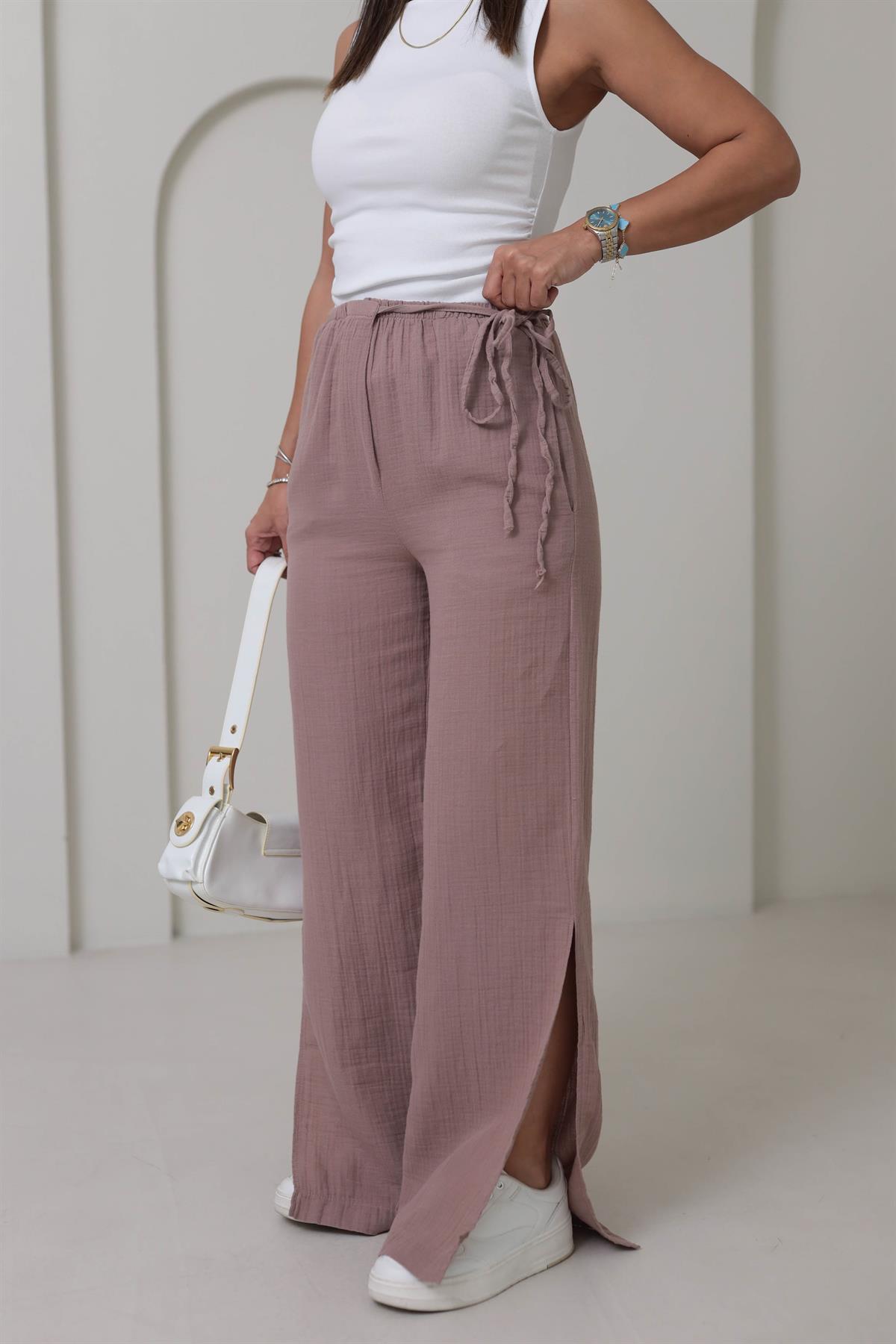 8028 Paça Yırtmaçlı Müslin Pantolon GÜL KURUSU