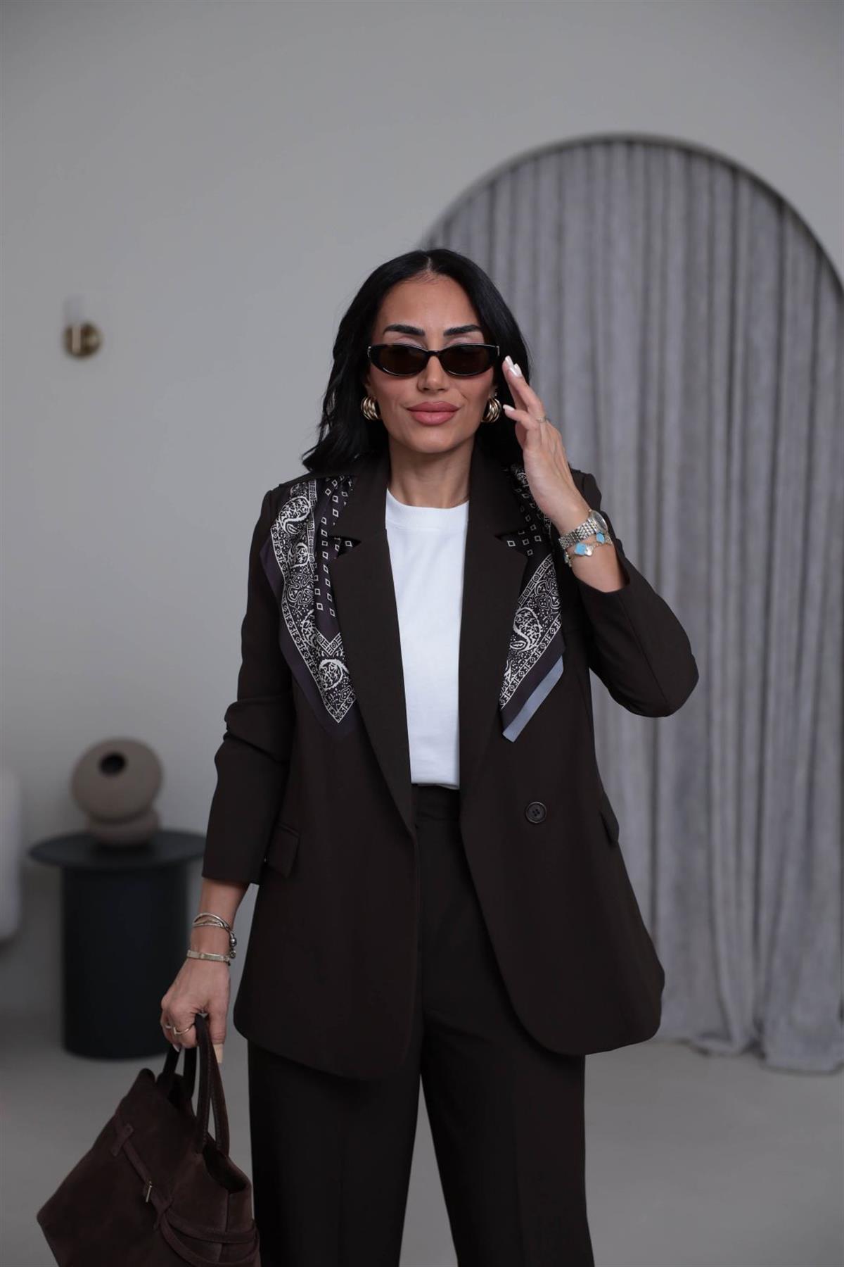 7665 Fular Detaylı Blazer Ceket KAHVE