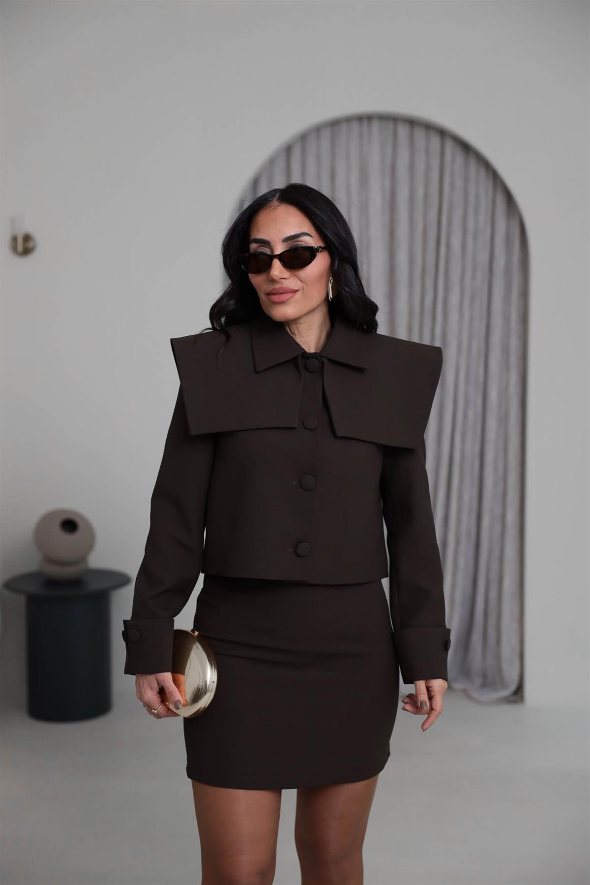 8945 Yaka Detay Ceketli Etekli Takım KAHVE