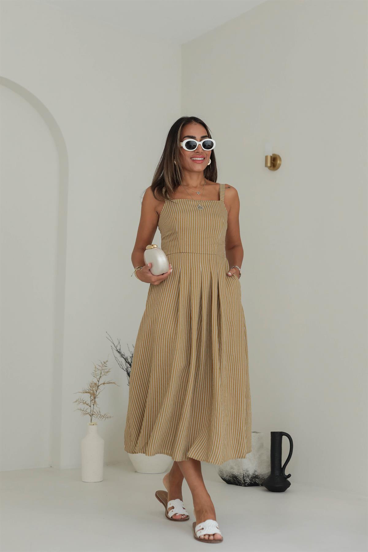 Kalın Askılı Çizgili Pamuklu Elbise