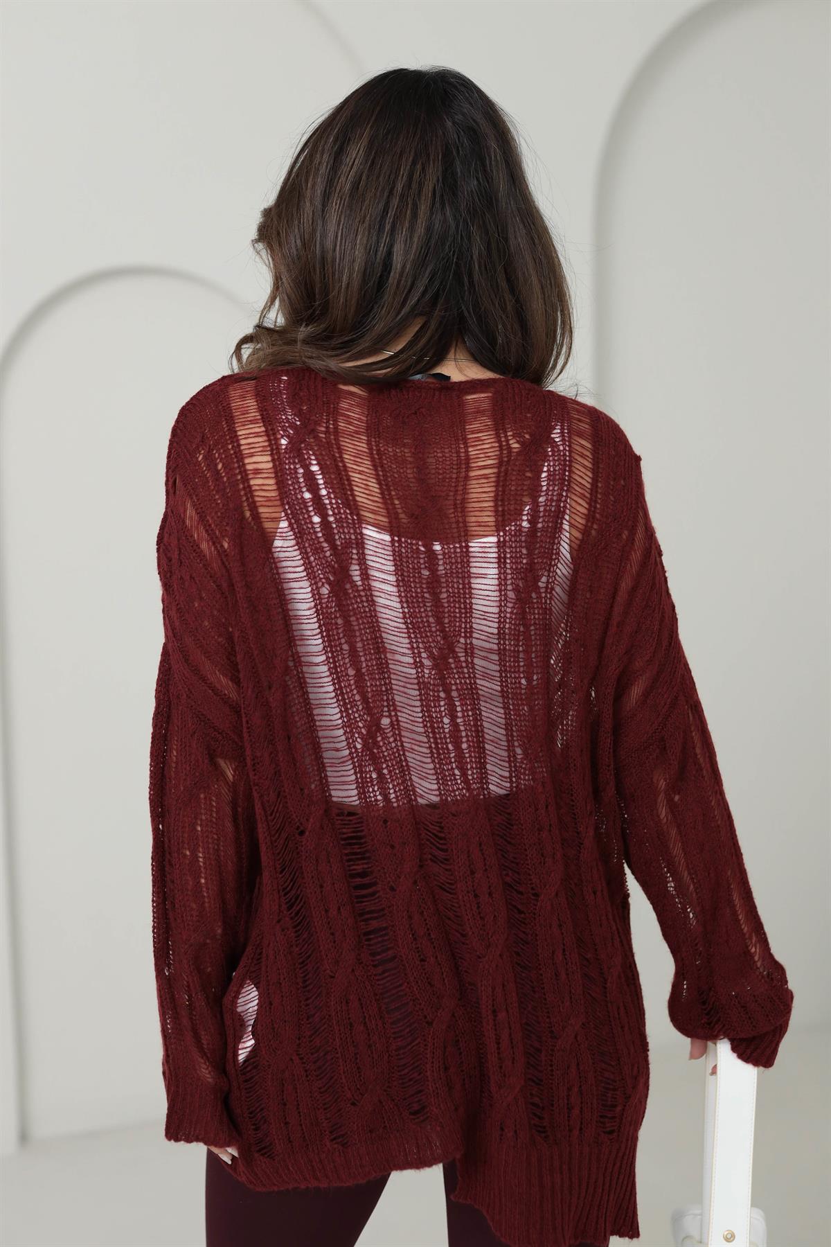 4134 Saç Örgülü Ajurlu Triko BORDO