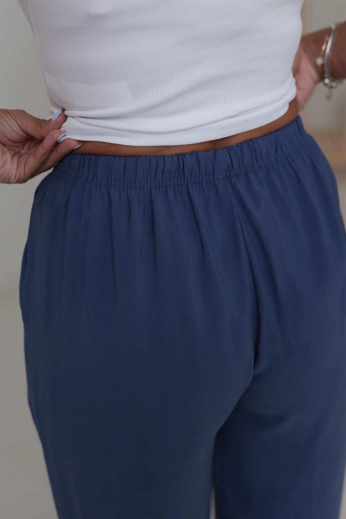 Beli Lastikli Bağcıklı Tencel Pantolon Indigo