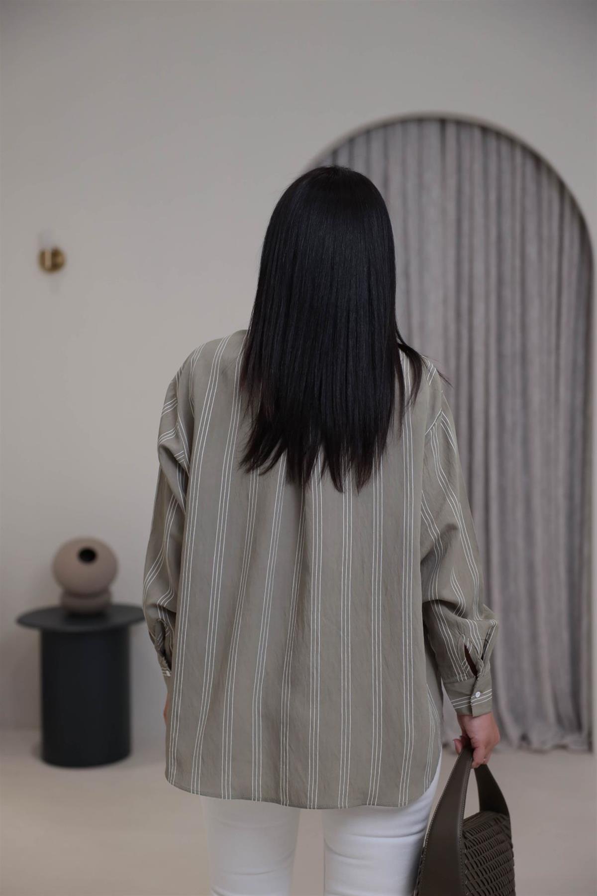 4003 Cepli Çizgili Viskon Gömlek HAKİ YEŞİL