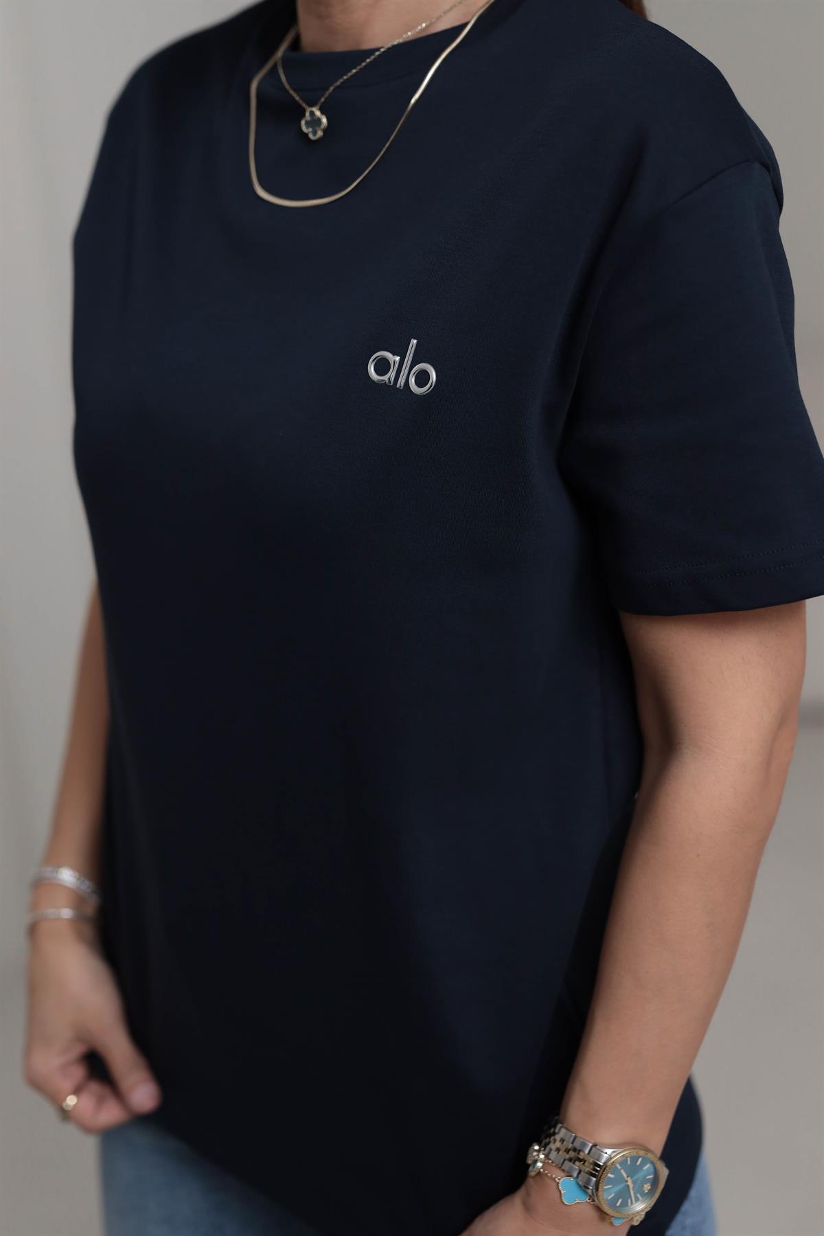 1022 Bisiklet Yaka Gümüş Yazı Detaylı Tshirt LACİVERT