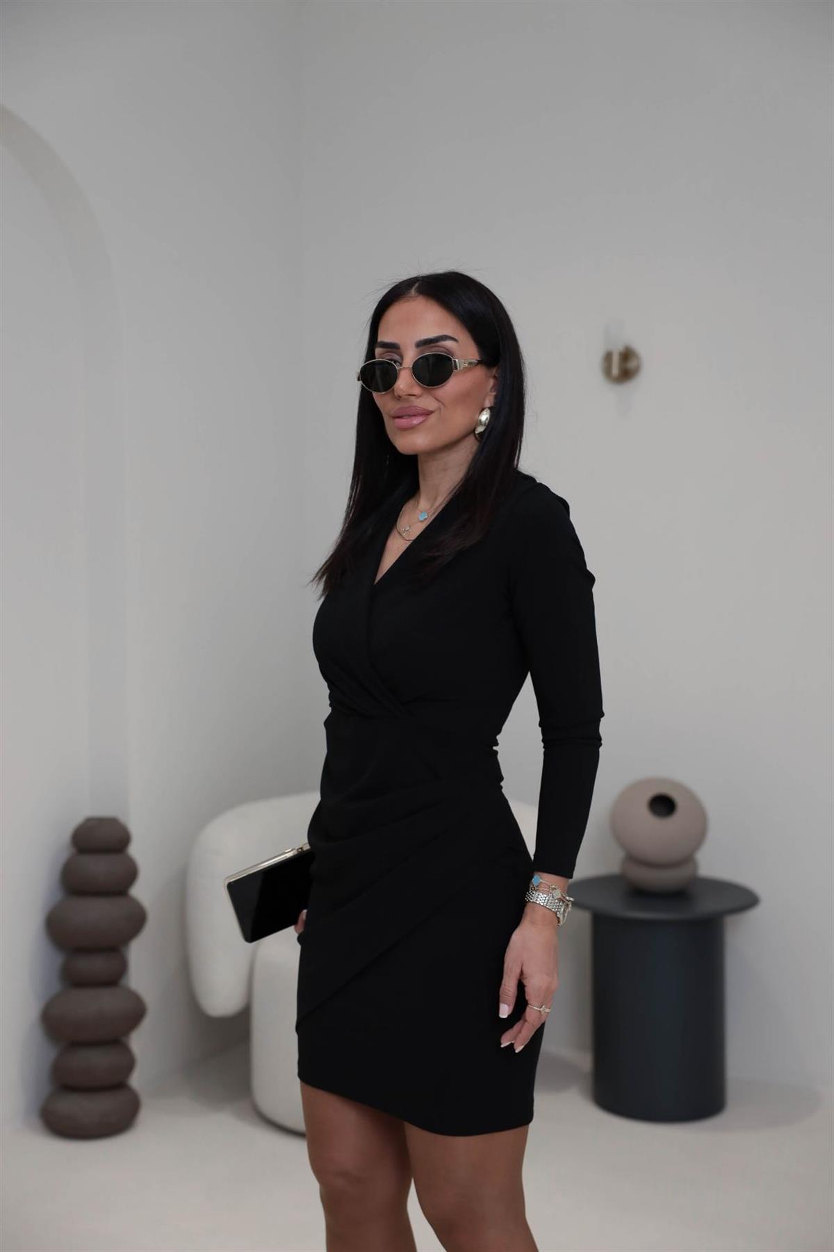 3037 Kruvaze Drapeli Crep Elbise SİYAH