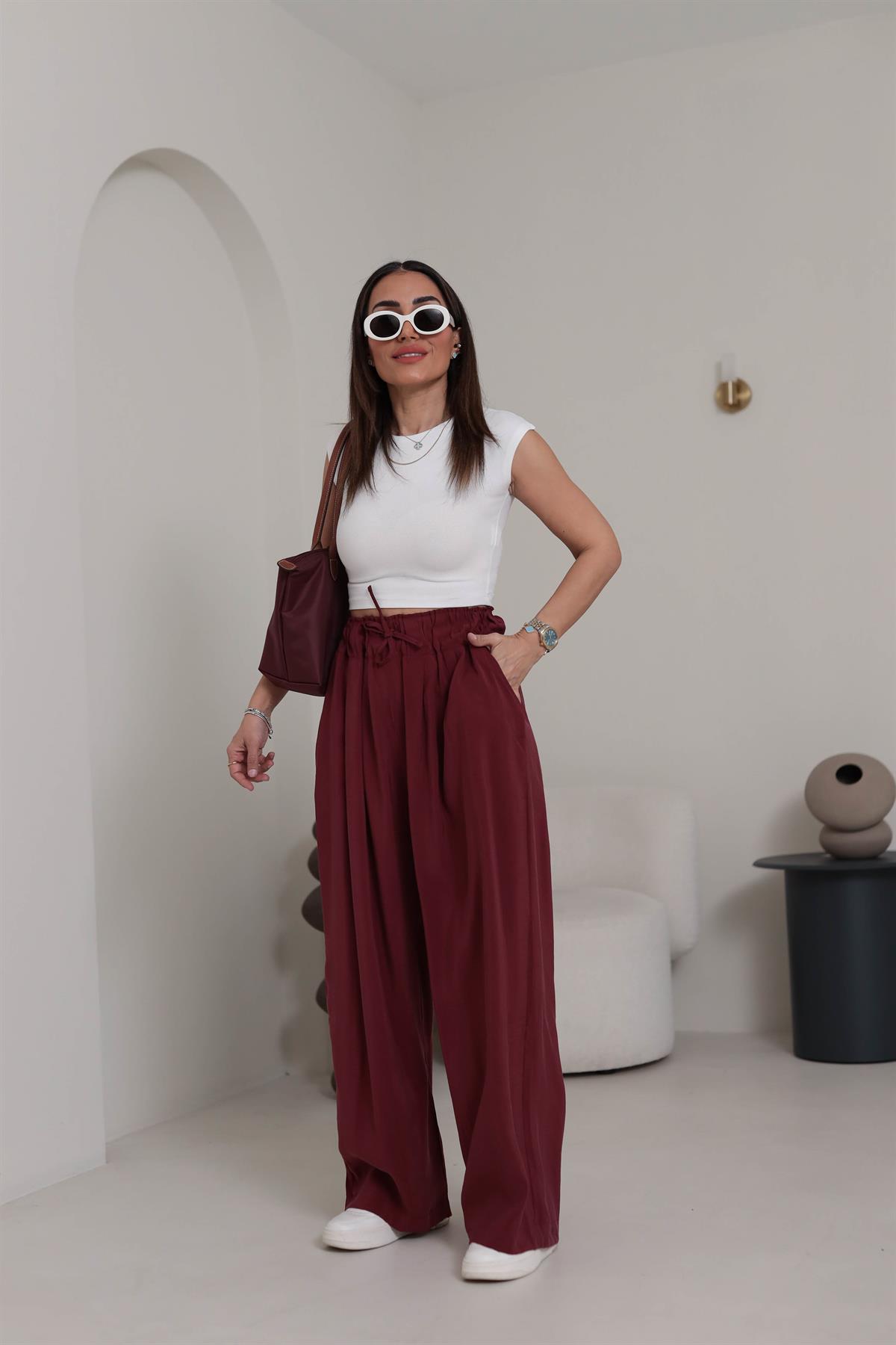 0165 Yüksek Bel Lastikli Bol Paça Tencel  Pantolon BORDO