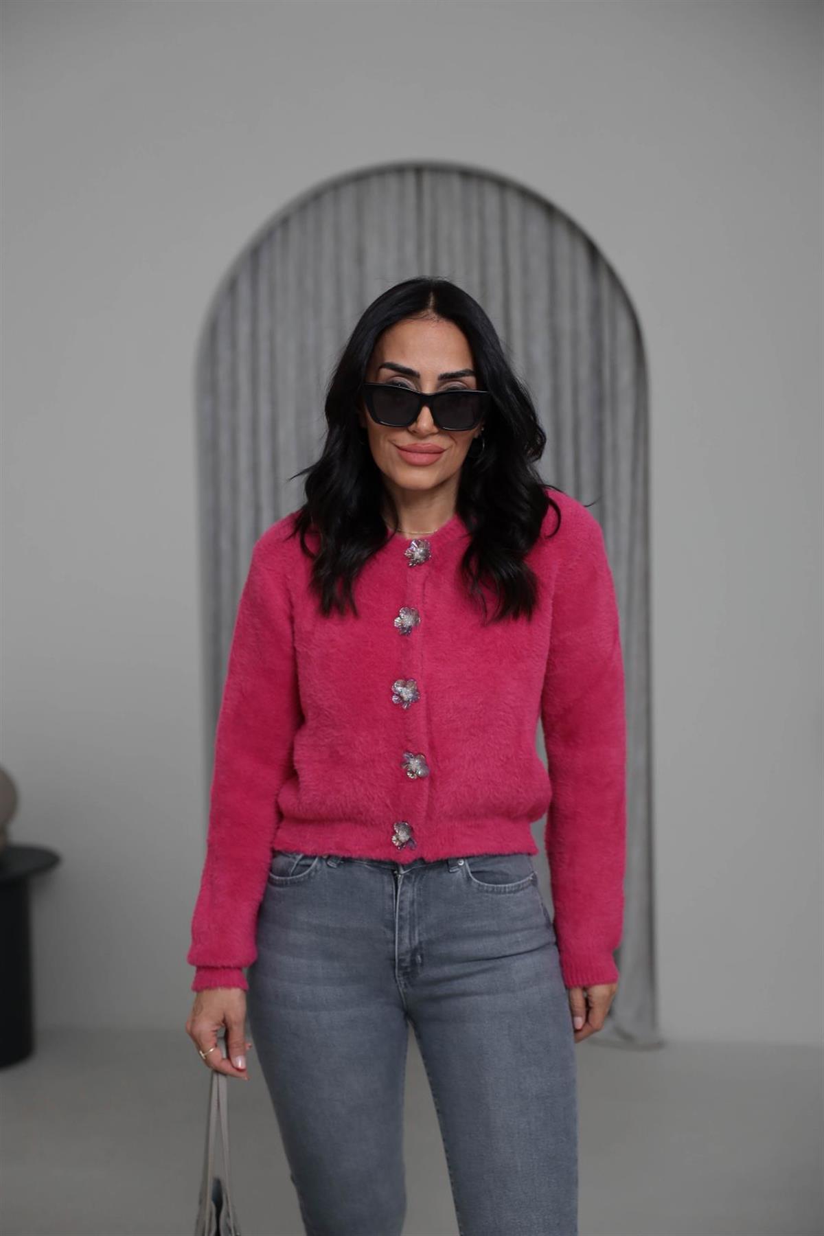 314 Çiçek Düğmeli Çıtçıtlı Yumoş Hırka FUŞYA