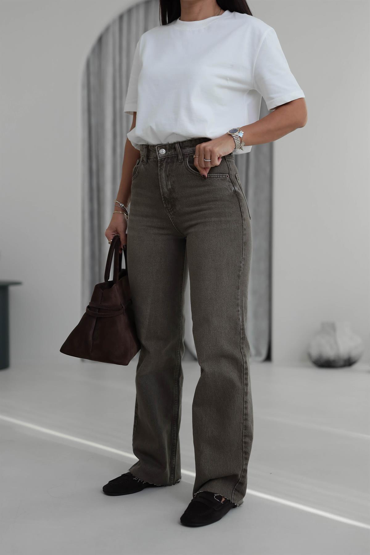 Za Taşlamalı Yüksek Bel Palazzo Jean BEJ-KAHVE