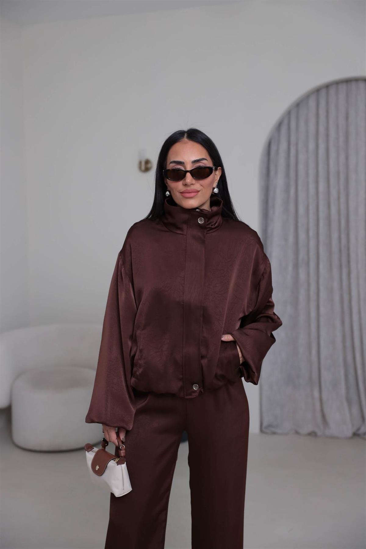 6800 Önden Fermuarlı Bomber Saten Takım KAHVE