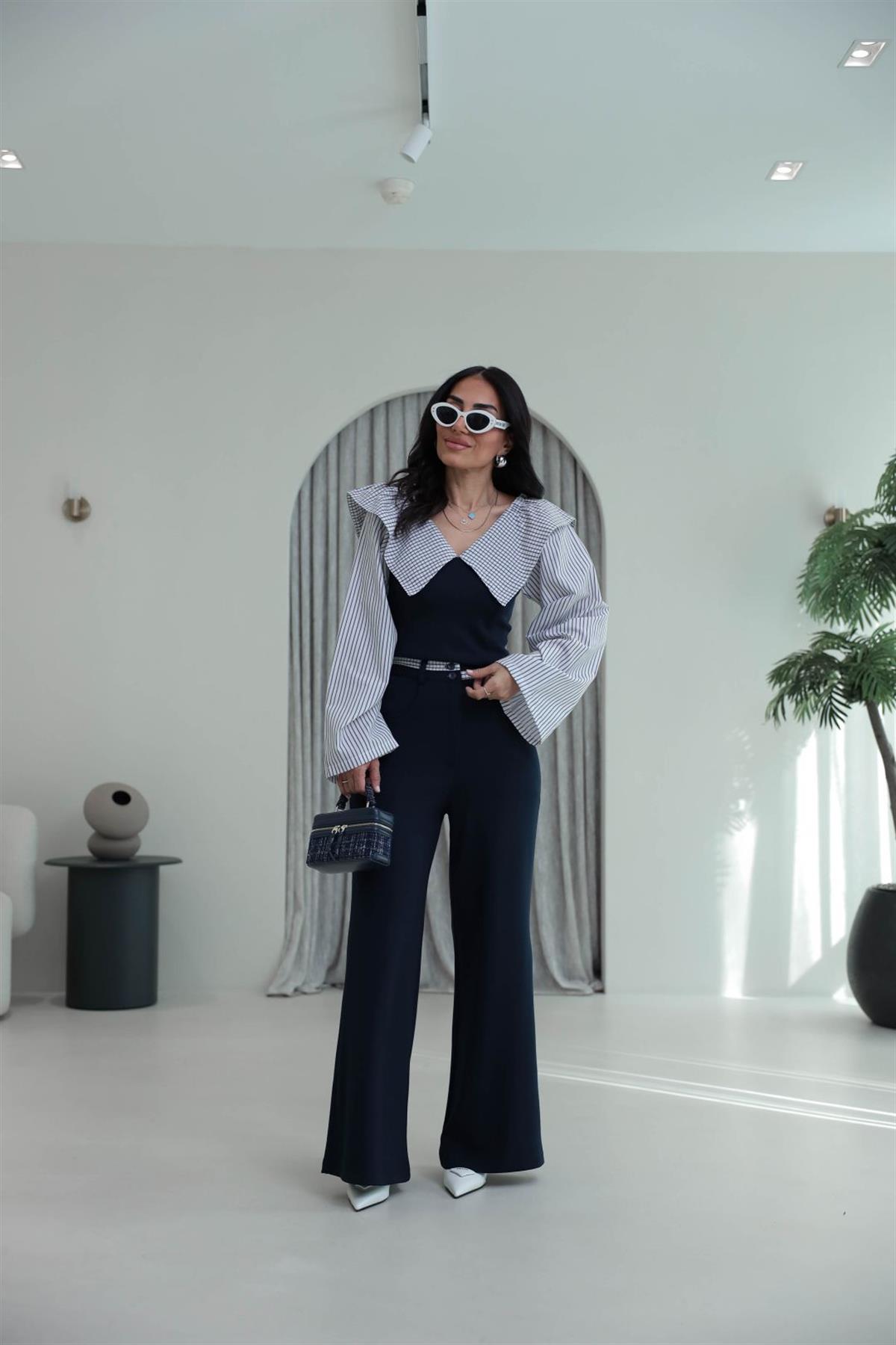 0675 Anime Poplin Yaka Modal Kumaş Takım LACİVERT