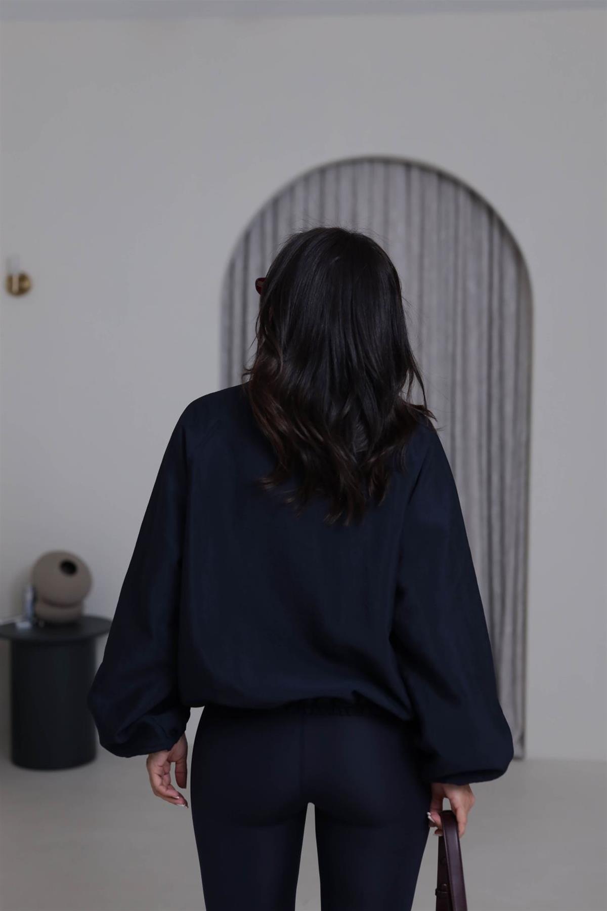 0769 Lastikli Yazı Detaylı  Paraşüt Kumaş Retro Ceket LACİVERT