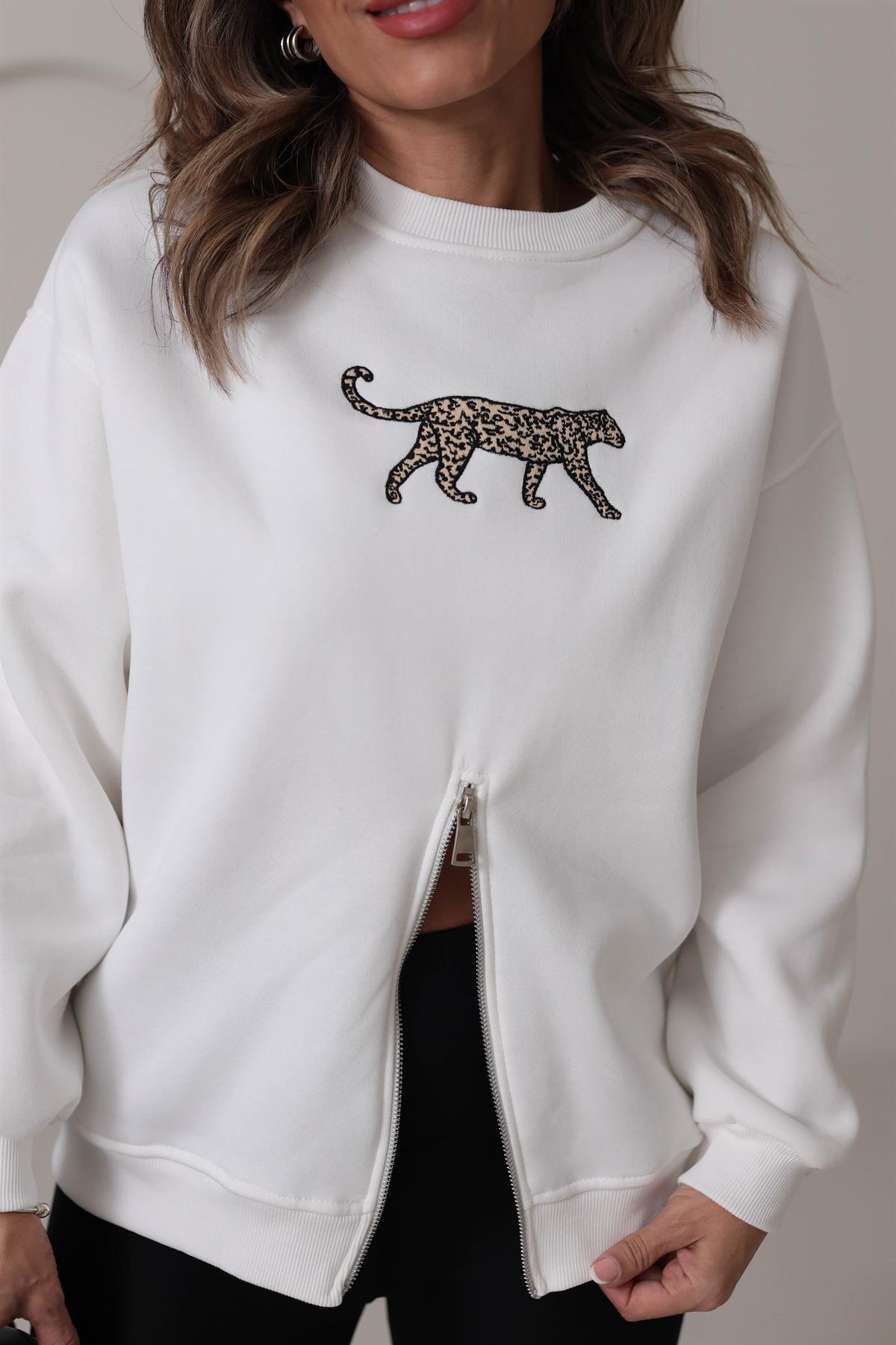 5617 Leopar Nakış Yarım Fermuarlı Şardonlu Sweatshirt EKRU