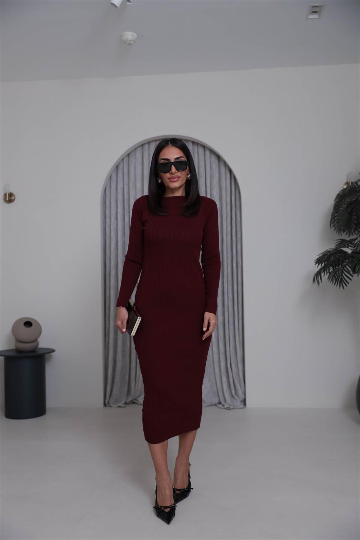 2000 Kayık Yaka Triko Elbise BORDO