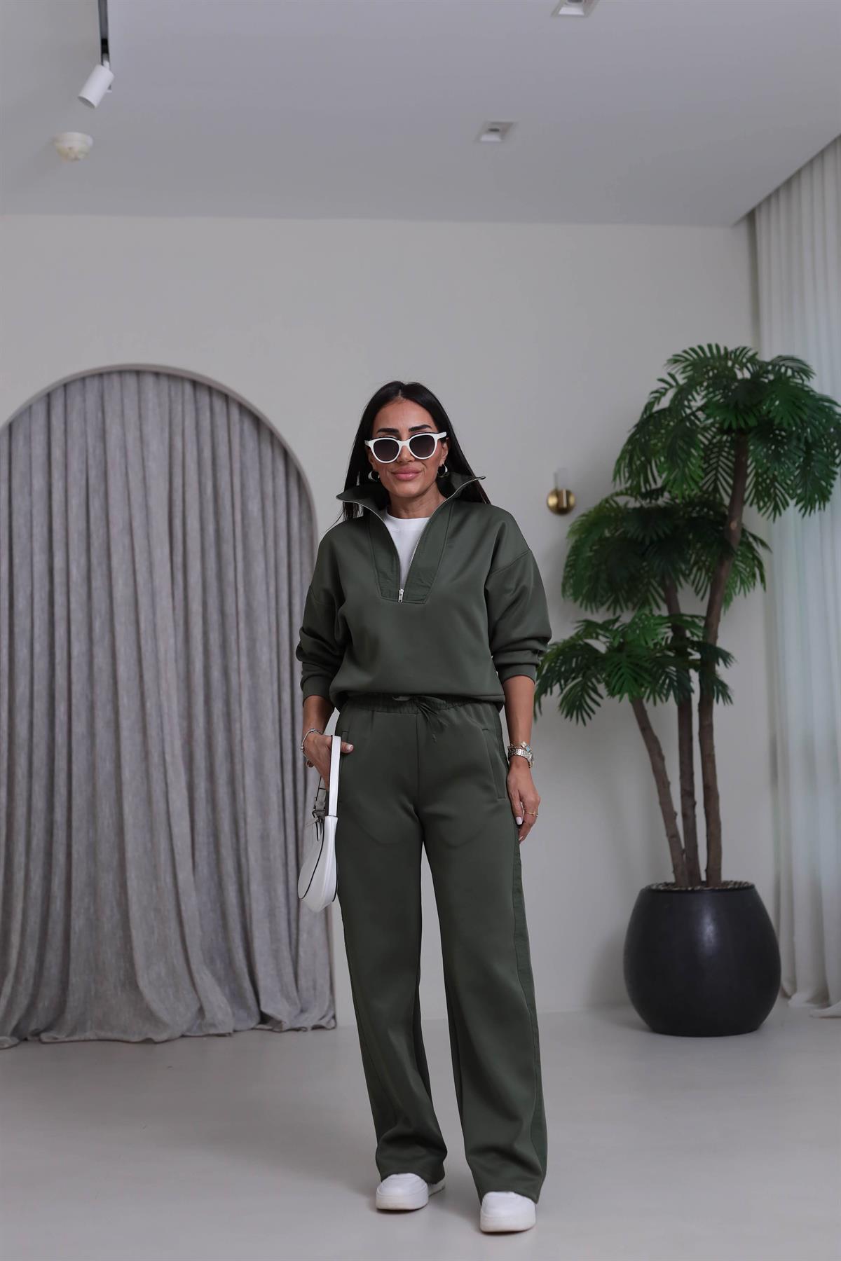 2624 Paraşüt Detaylı Yarım Fermuarlı Scuba Takım HAKİ YEŞİL