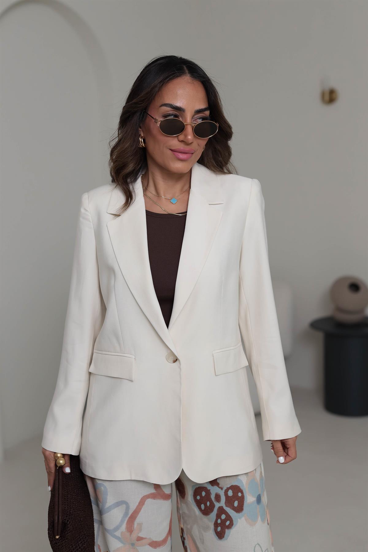 6757 Tencel Tek Düğme Blazer Ceket KREM