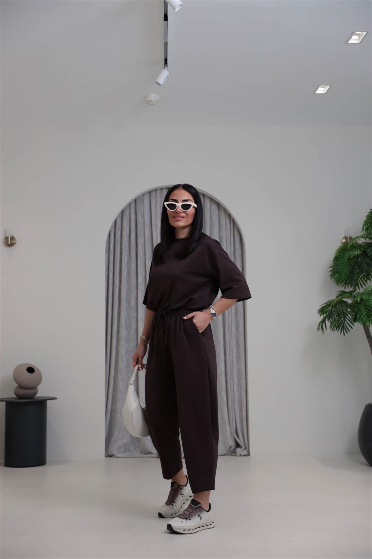 2485 Yanları Yırtmaçlı Kısa Kol Modal Takım ACI KAHVE