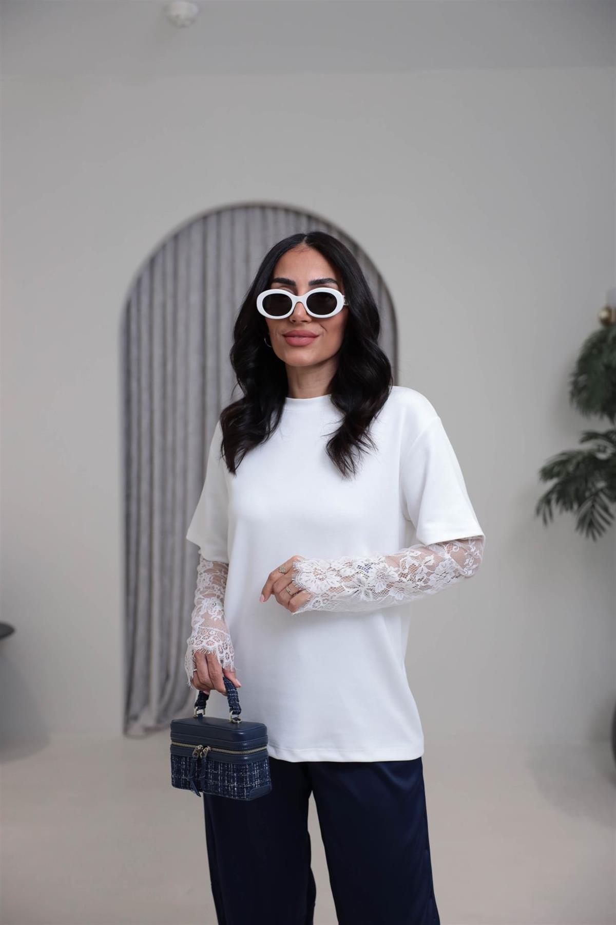 1049 Kolları Dantel Detaylı Modal Tshirt EKRU