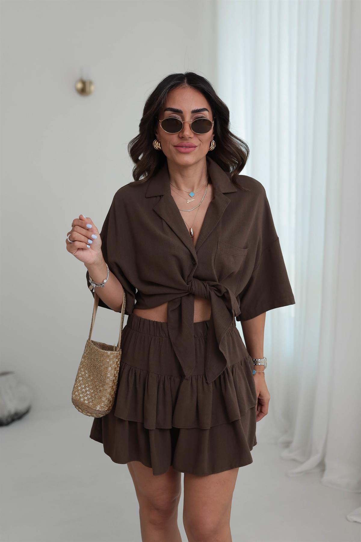 0478 Keten Bağlama Detay KatKat Etekli Takım KAHVE