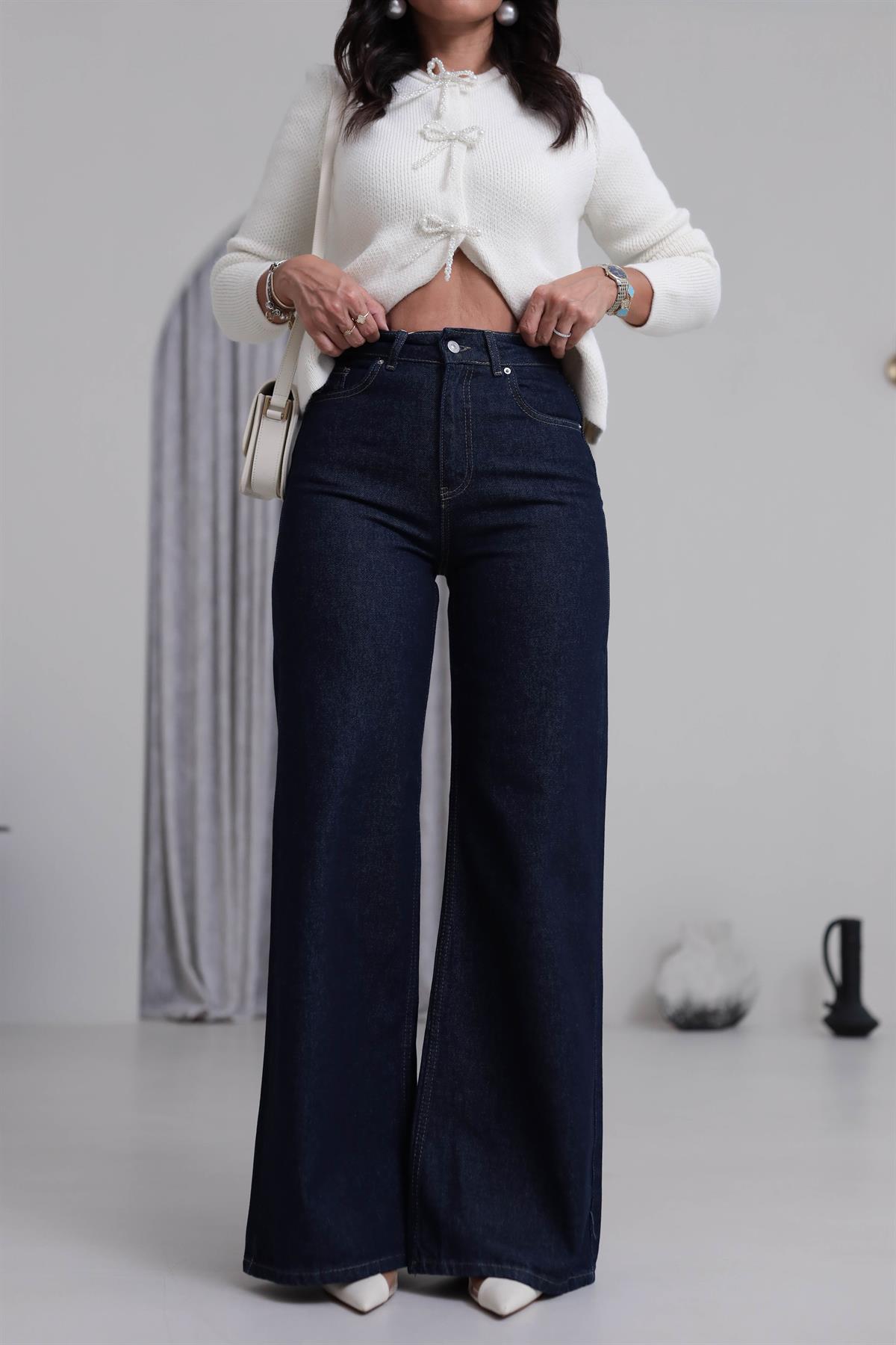 1706 Yüksek Bel Rins Yıkama Geniş Pantolon LACİVERT