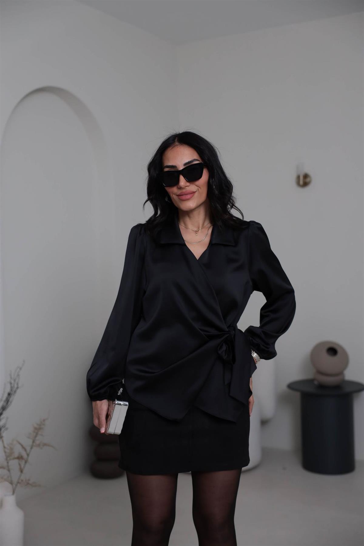 K0132 Kruvaze Yaka İpek Saten Gömlek Bluz SİYAH