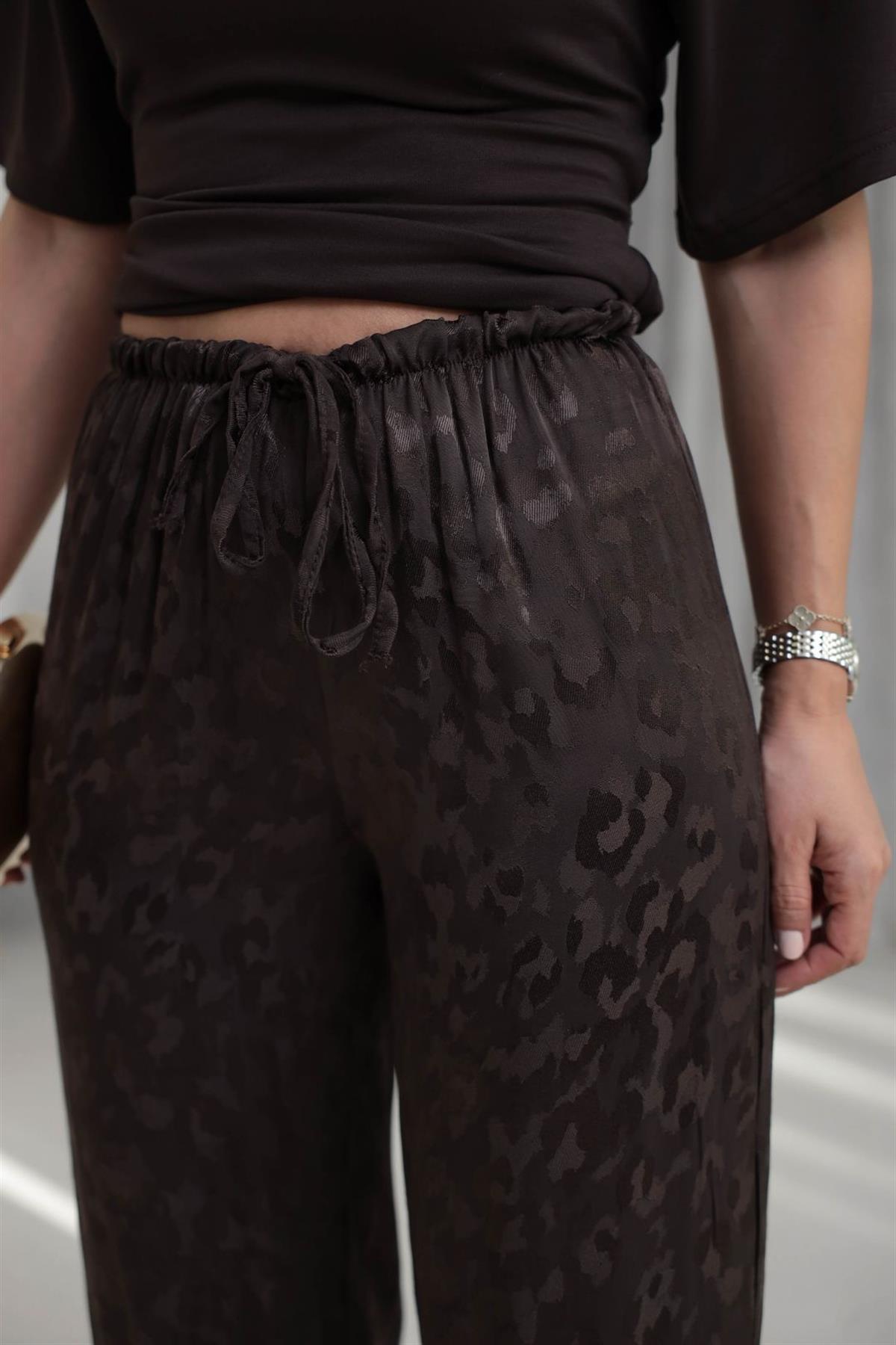 1635Y Leopar Desen Jakarlı Saten Pantolon KAHVE