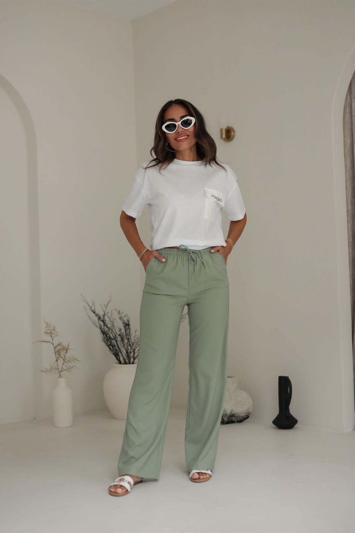 6054 Kemeri Lastikli Dokuma Kumaş Pantolon MİNT