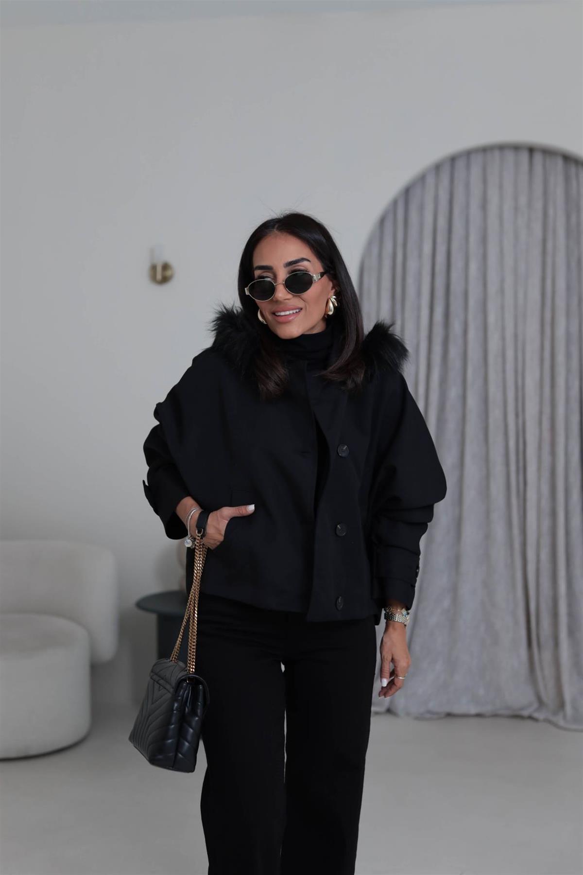 6856 Kürk Kapşonlu Parka SİYAH