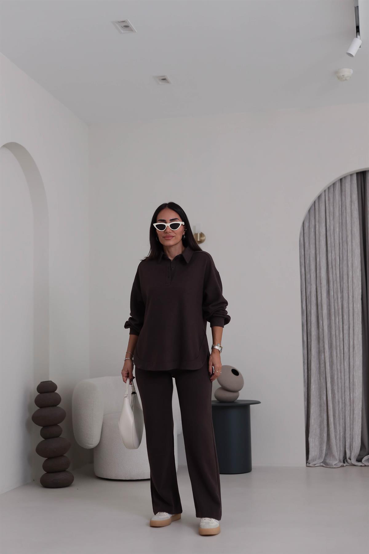 2411 Selanik Polo Yaka Yarım Düğmeli Rahat Takım KAHVE