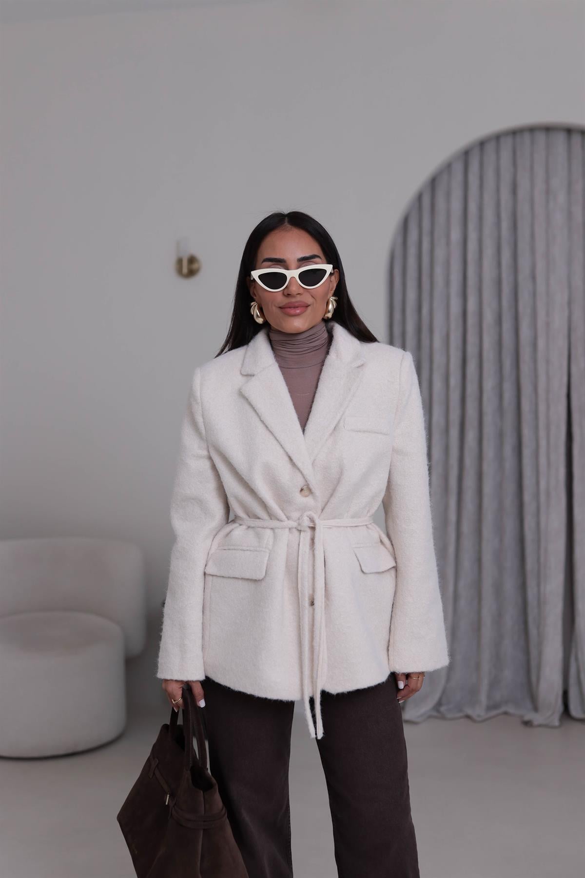 7368 Kuşak Detaylı Blazer Kaşe Ceket EKRU