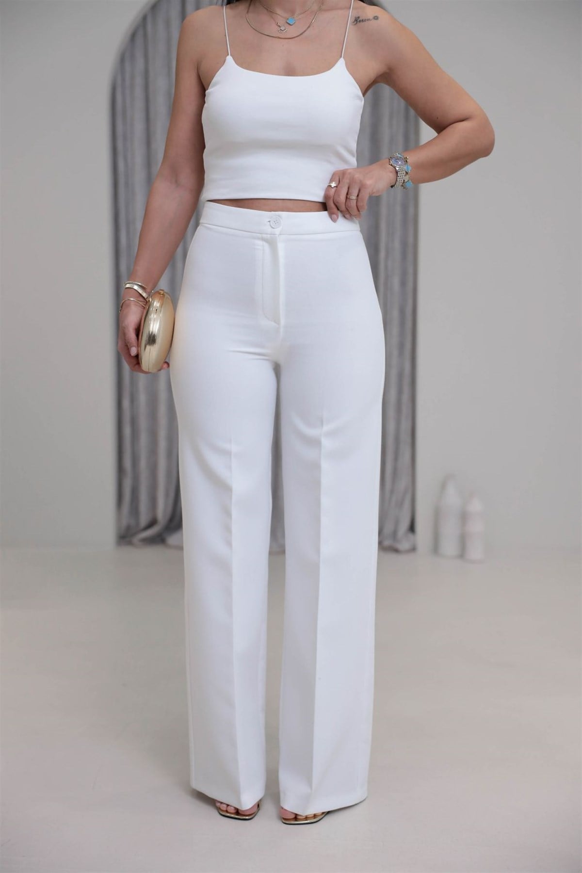 5156 Bel Pensli Rahat Kalıp Kumaş Pantolon BEYAZ