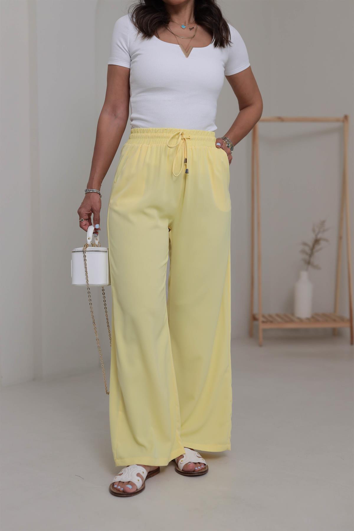 0858 Bel Lastikli Döküm Palazzo Pantolon SARI