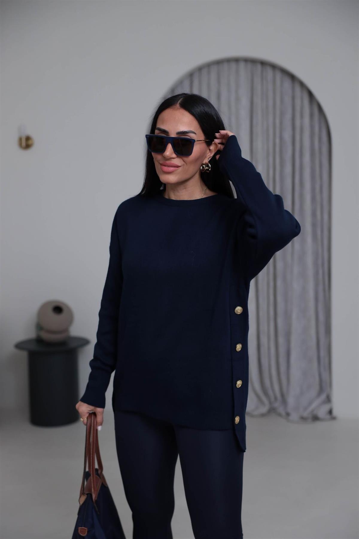 0184K Yanları Gold Düğmeli Uzun Triko Kazak LACİVERT