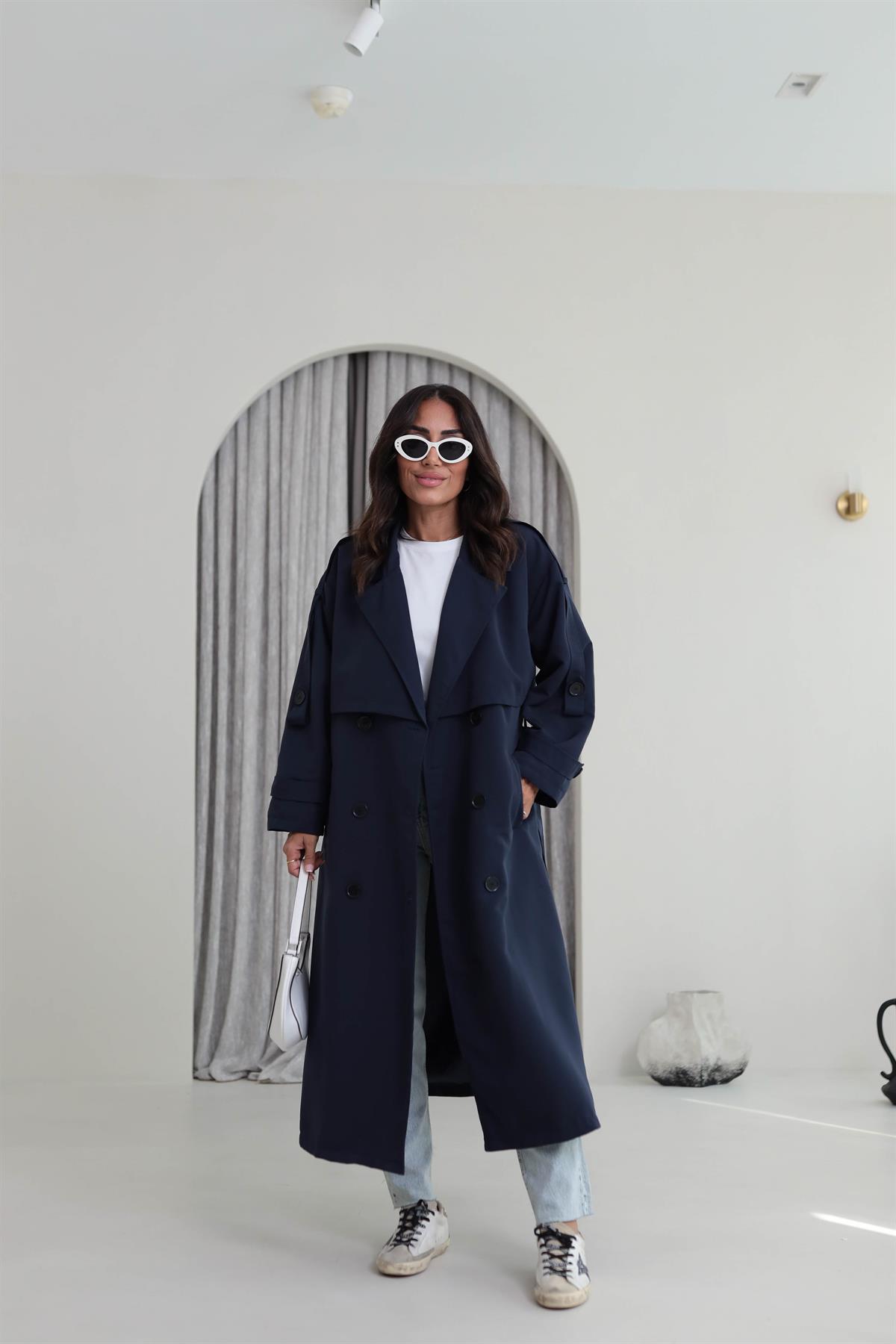 2020 Apoletli Kuşaklı Uzun Trençkot LACİVERT