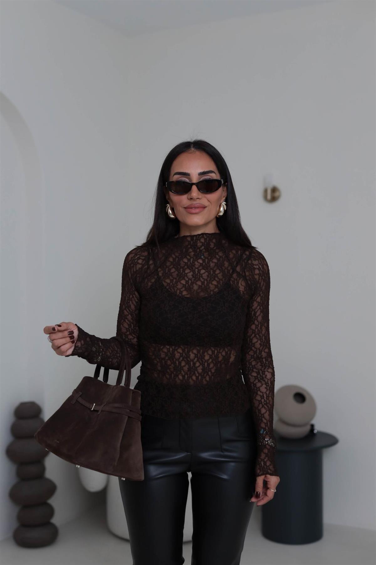 1013 Uzun Kollu Dantel Bluz ACI KAHVE