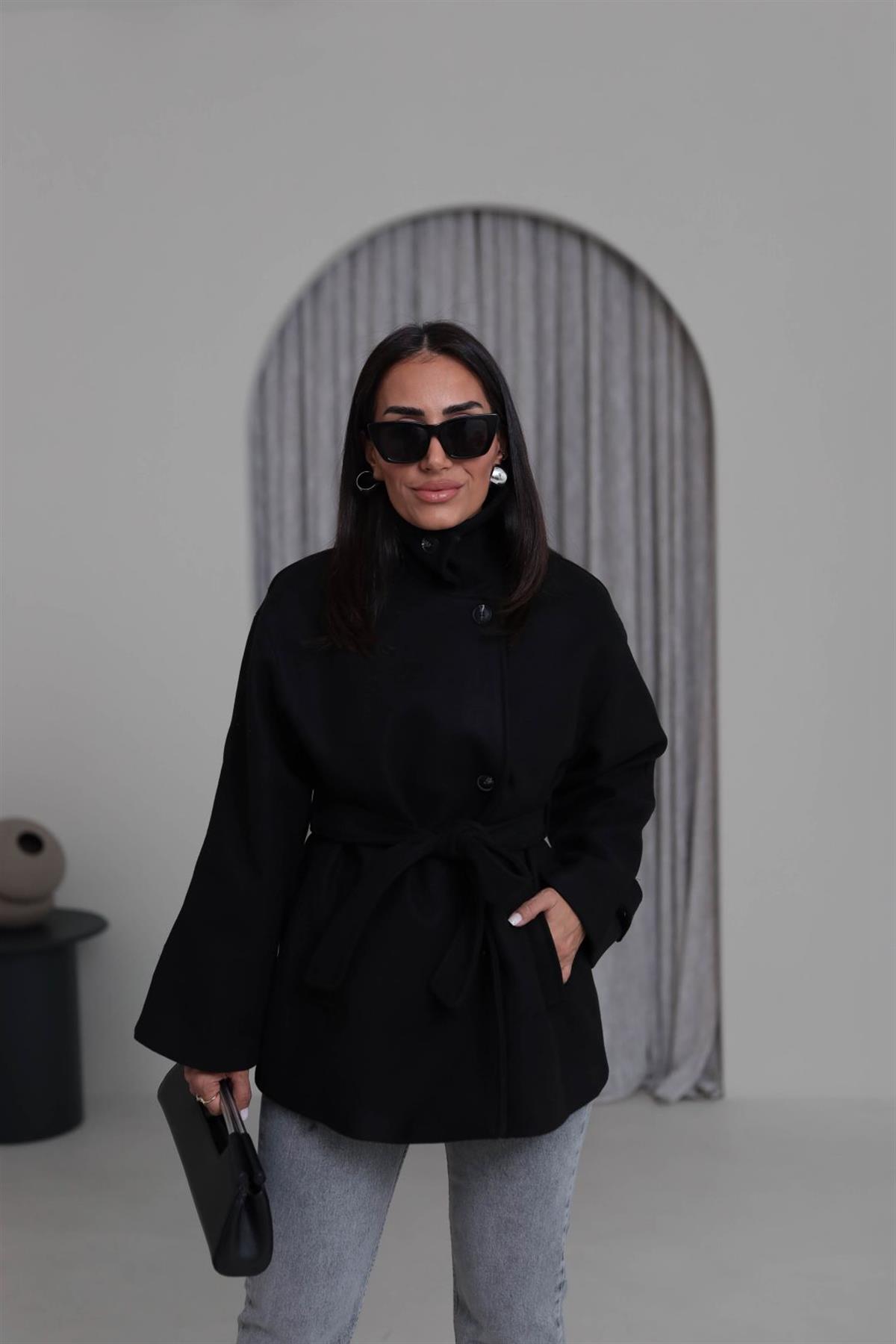 0646 Kuşaklı Yakalı Kaşe Kaban SİYAH