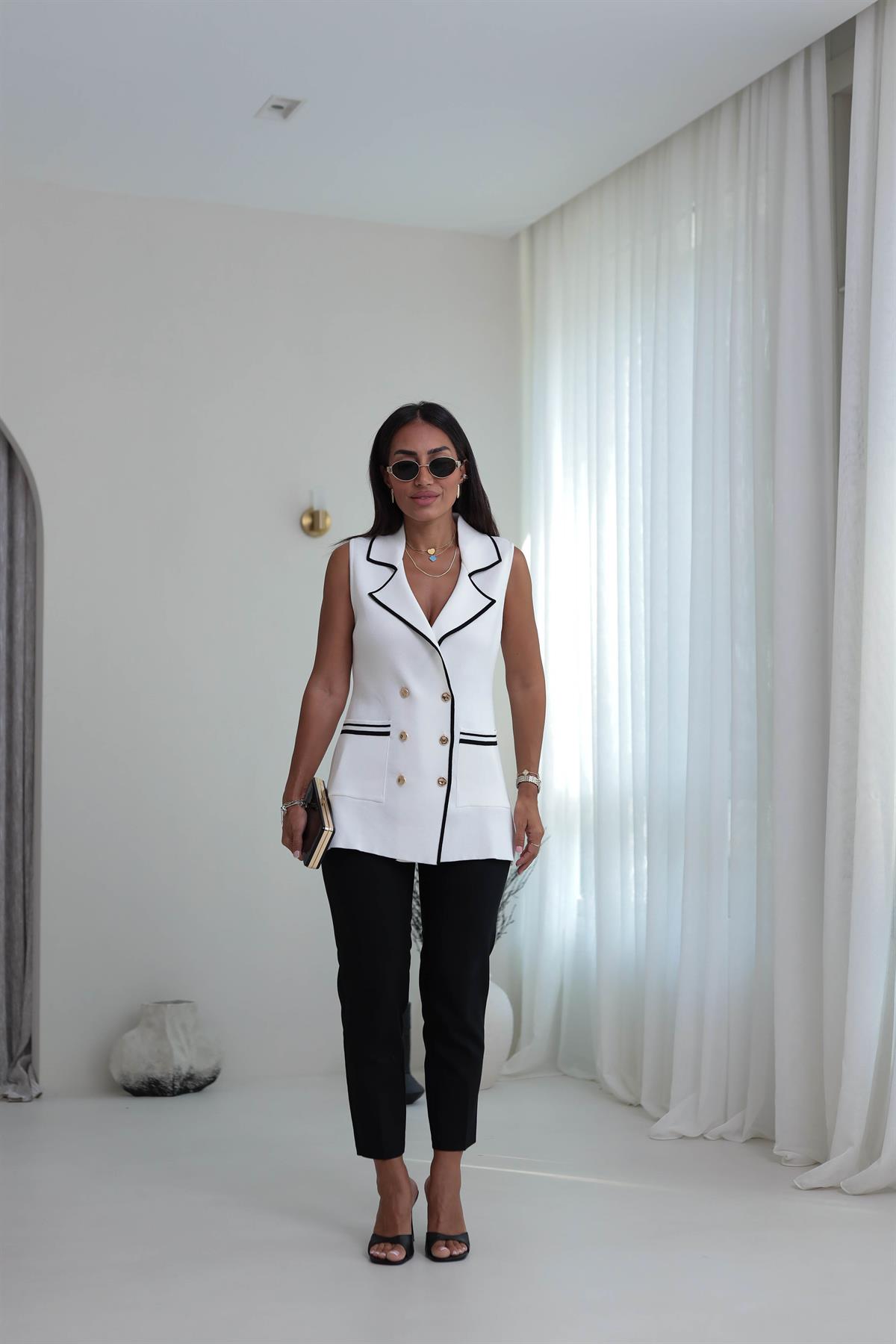 4929 Biyeli Cepli Triko Yelek EKRU