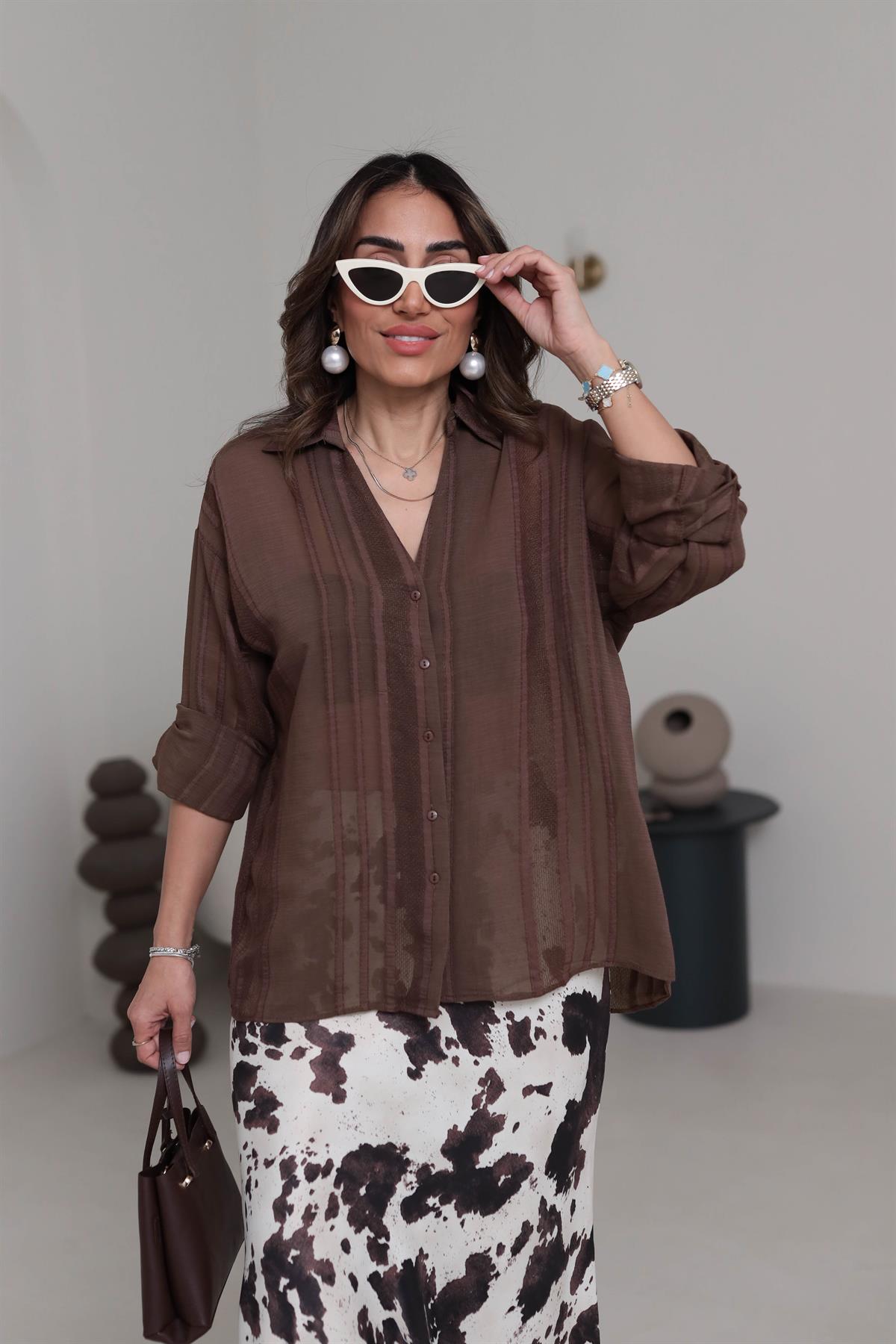 4914 Transparan Detaylı Oversize Gömlek KAHVE