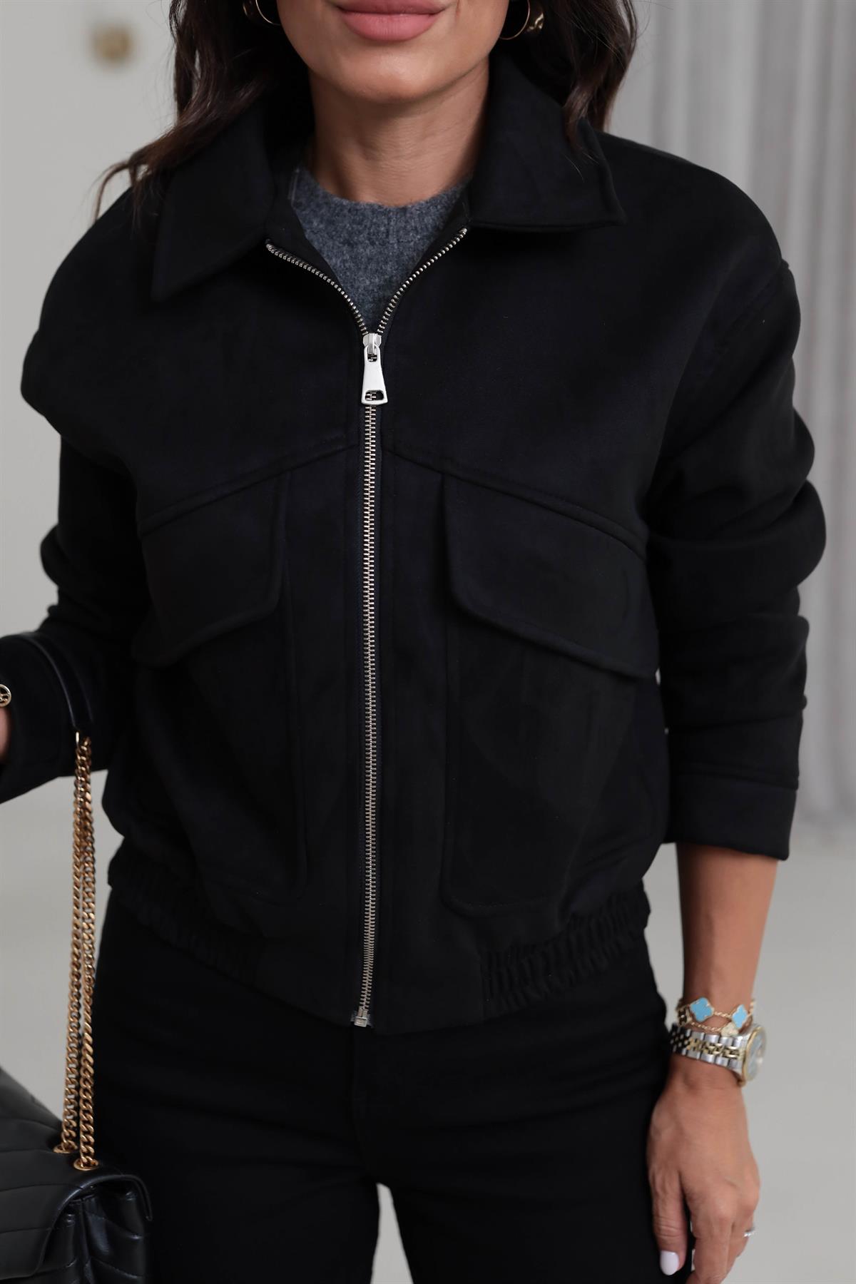 9730 Cep Detaylı Bel Lastikli Süet Bomber SİYAH