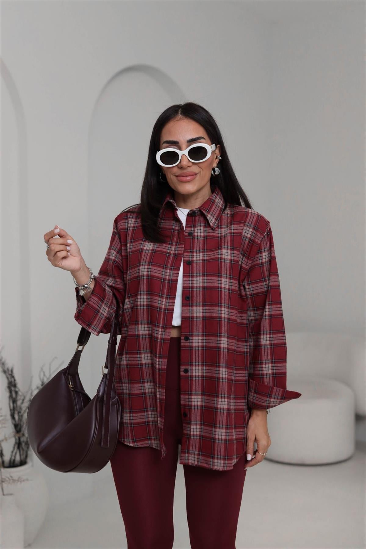 6835 Oversize Kareli Oduncu Gömlek BORDO