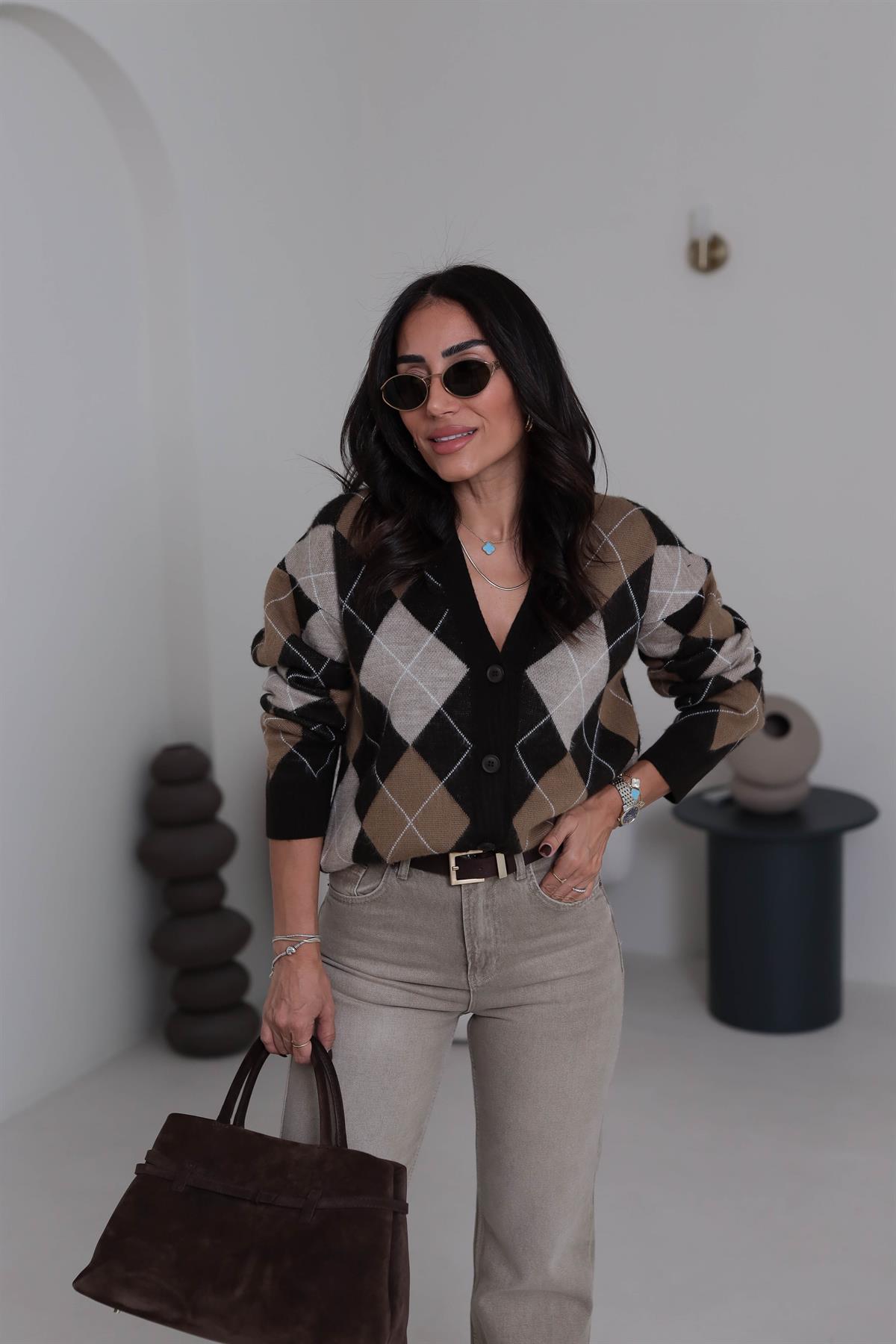 6868 Baklava Desen Bol Kalıp Hırka KAHVE