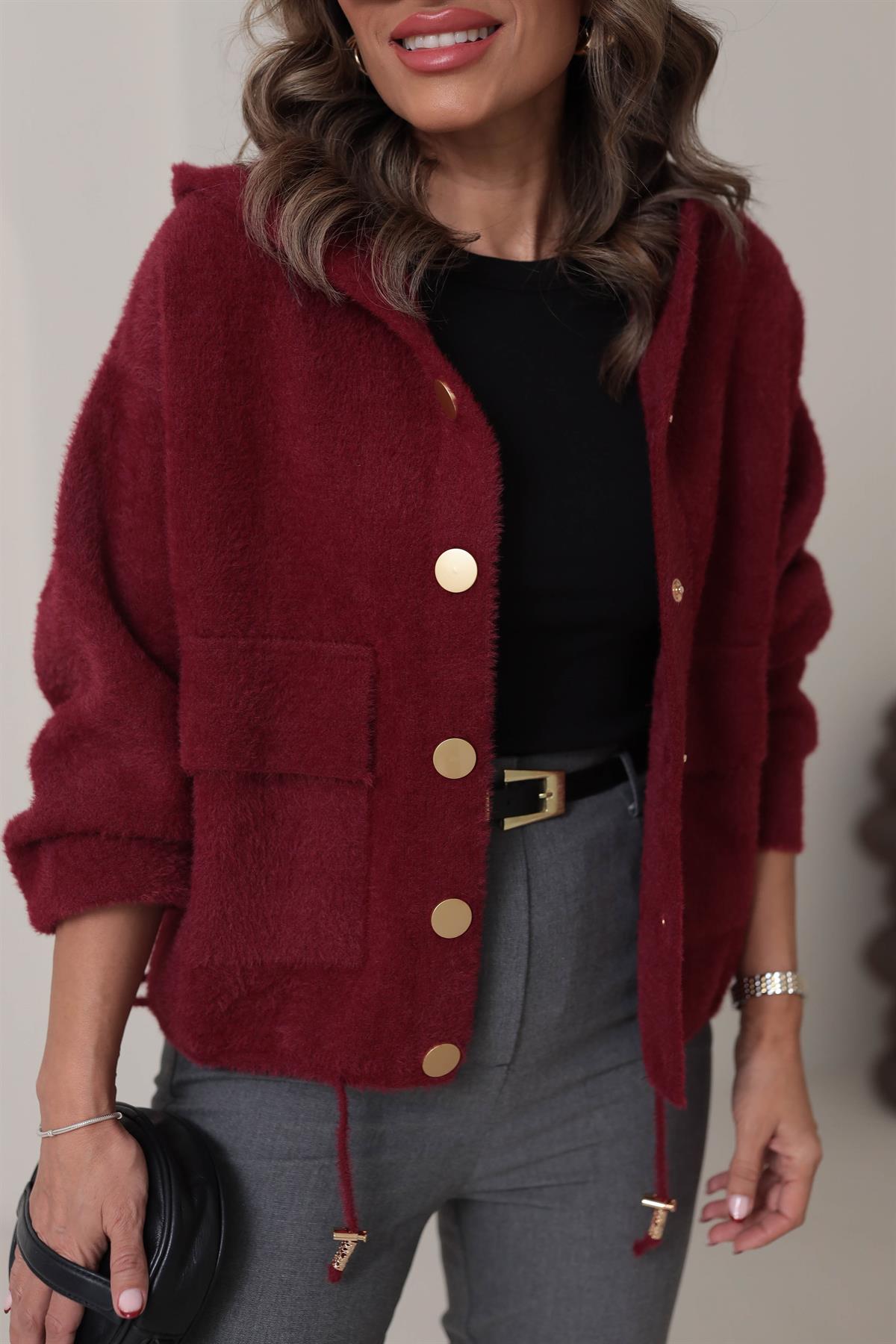 4944 Angora Kapşonlu Gold Düğmeli Hırka BORDO