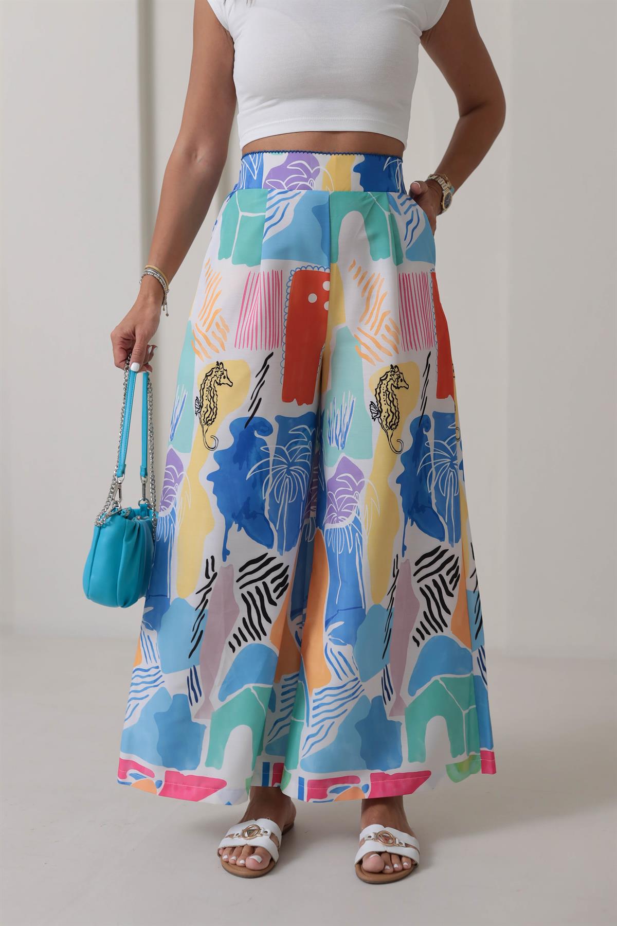 0404 Desenli Yüksek Bel Bol Paça Pantolon RENKLİ