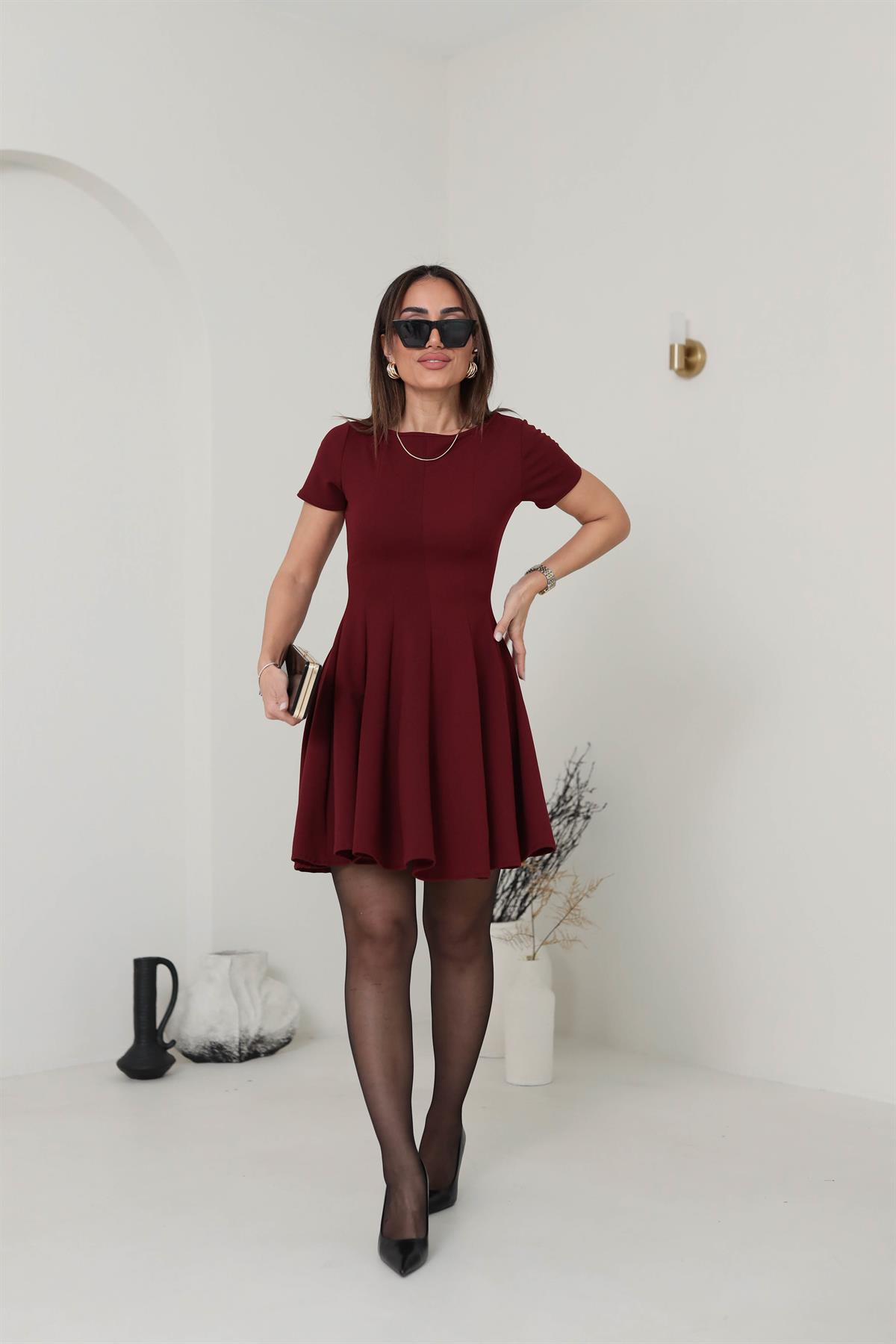 3680 Likralı Kısa Kol Kloş Elbise BORDO