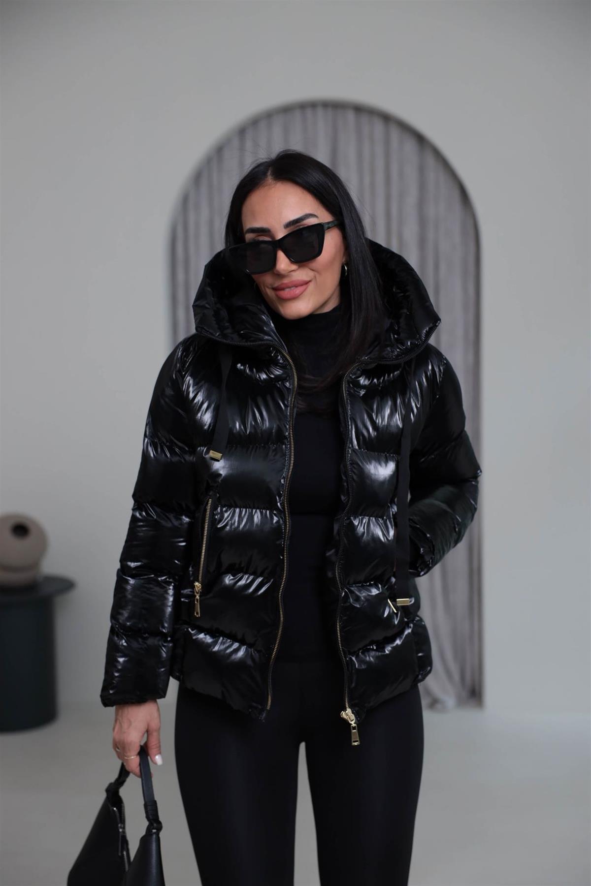 2262 Kapşonlu Parlak Dokulu Şişme Mont SİYAH