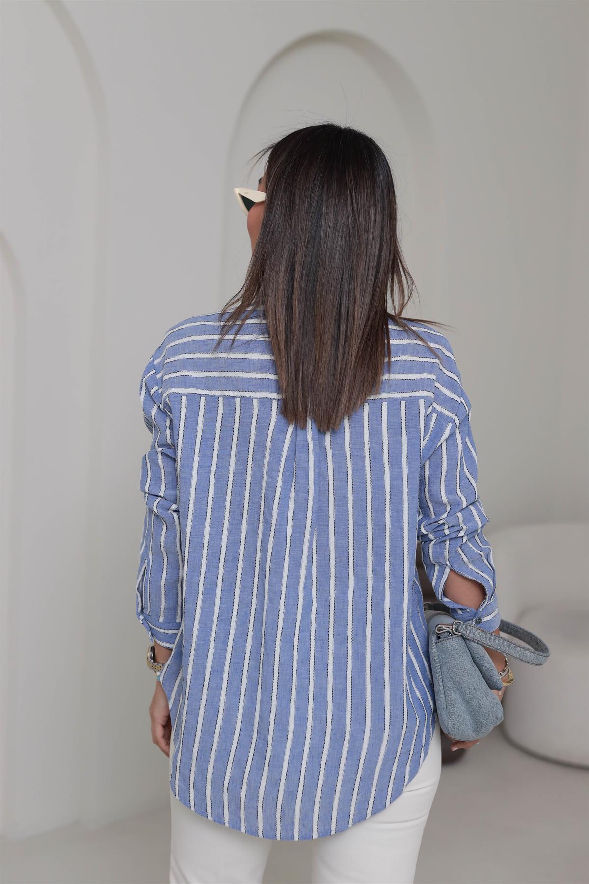 4373 Cep Detaylı Çizgili Keten Gömlek MAVİBEYAZ